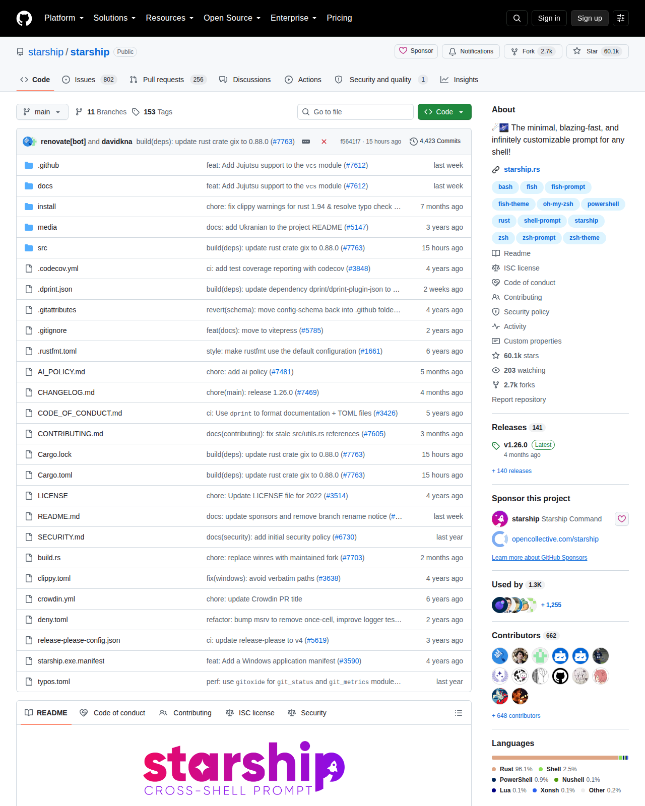 starship 的 GitHub 儲存庫首頁頂部，顯示專案名稱 starship/starship、主要語言 Rust、星標數與 ISC 授權標示