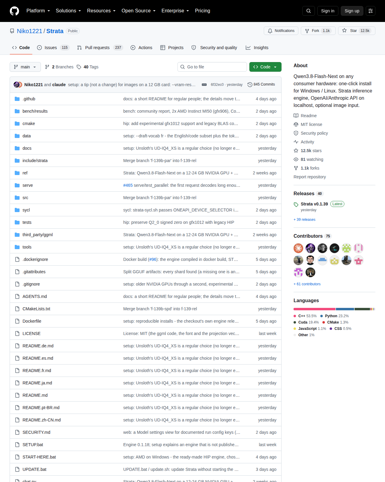 Strata 的 GitHub 儲存庫首頁頂部,顯示專案名稱 Niko1221/Strata、主要語言 C++、星標數 12,526 與專案描述