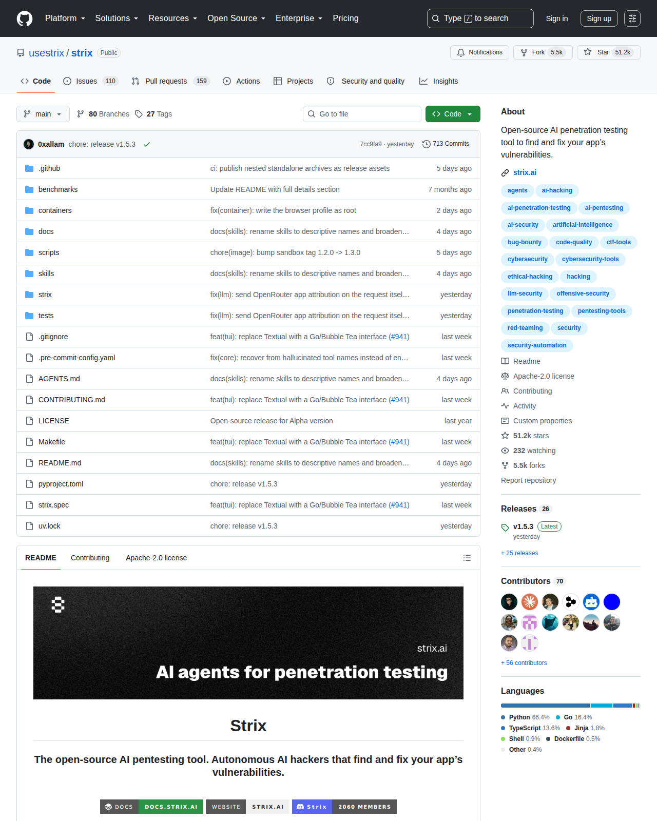 Strix GitHub 首頁頂部（repo 名稱「usestrix/strix」+ 51.2k 星標 + 5.5k Forks + 描述「Open-source AI penetration testing tool to find and fix your app's vulnerabilities」+ Apache-2.0 許可標籤）