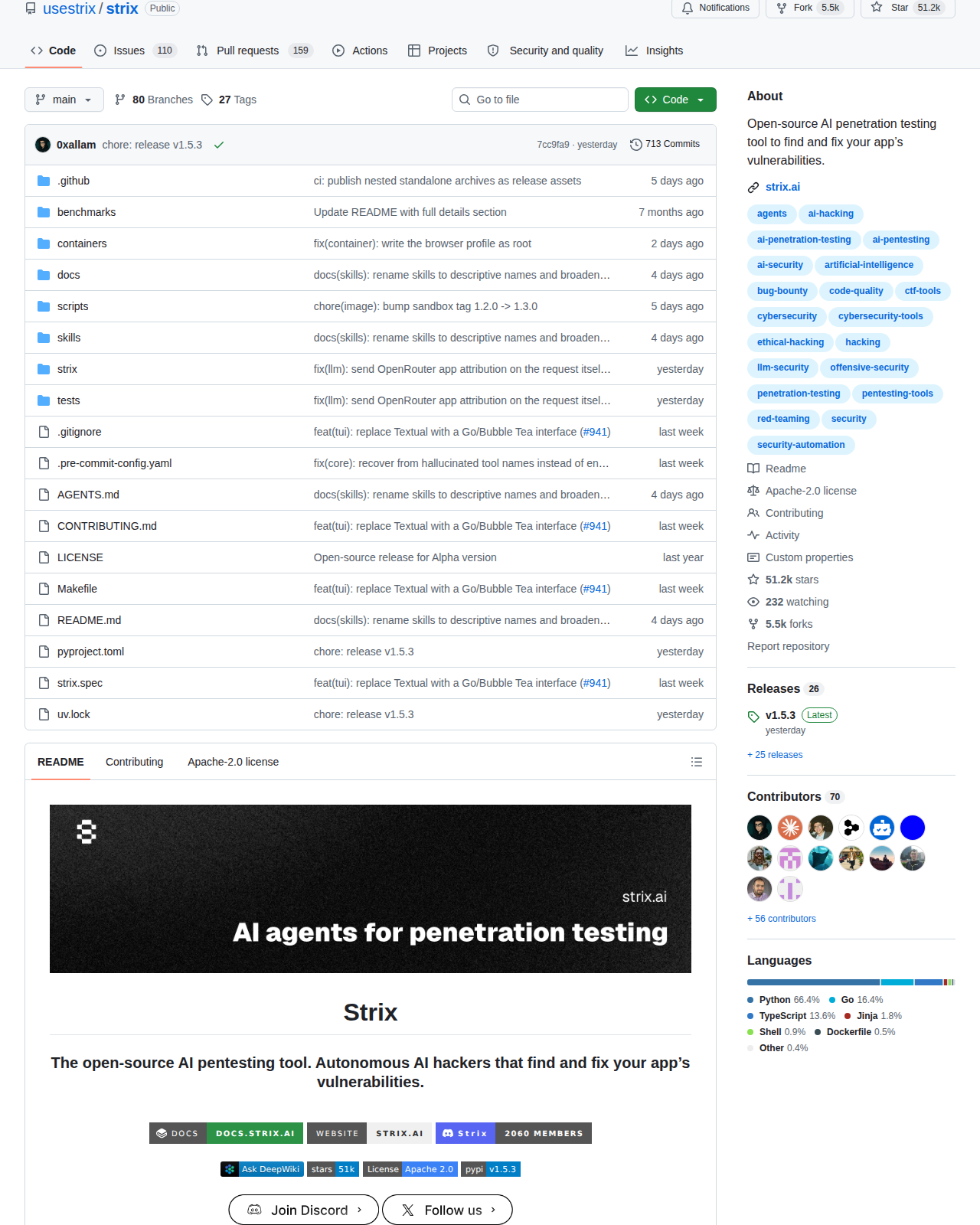 Strix 儲存庫統計頁（「Contributors」標題 + 70 位貢獻者頭像 + Python 66.4%、Go 16.4% 等語言佔比分布，顯示項目的開發規模與技術棧）