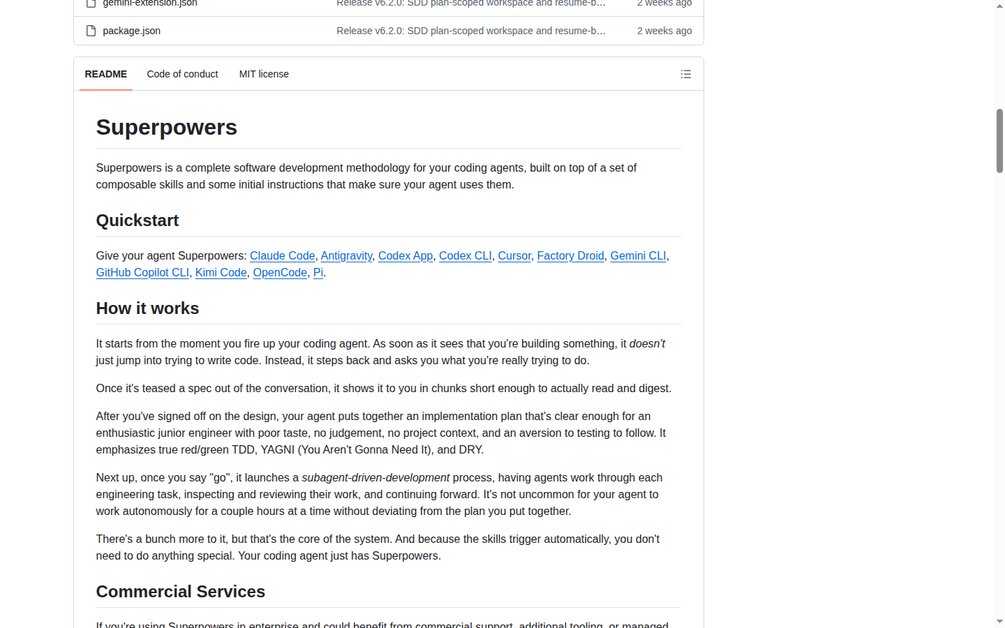 Superpowers README 開頭（項目名稱 H1 與定位描述）