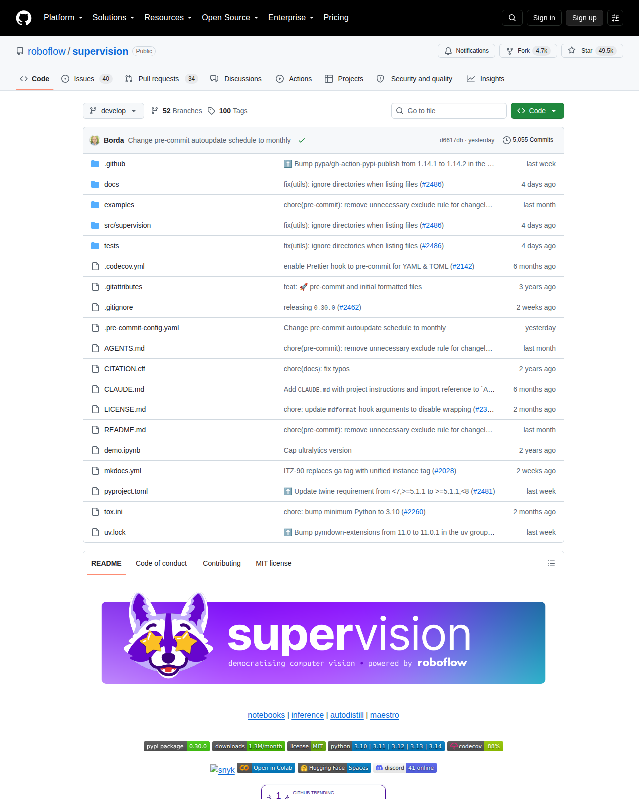supervision GitHub 首頁頂部（repo 名稱「roboflow / supervision」+ 目標星標 + 4.7k Forks + 描述「We write your reusable computer vision tools.」+ Python 主要語言 + MIT 授權 + 近期活躍更新）