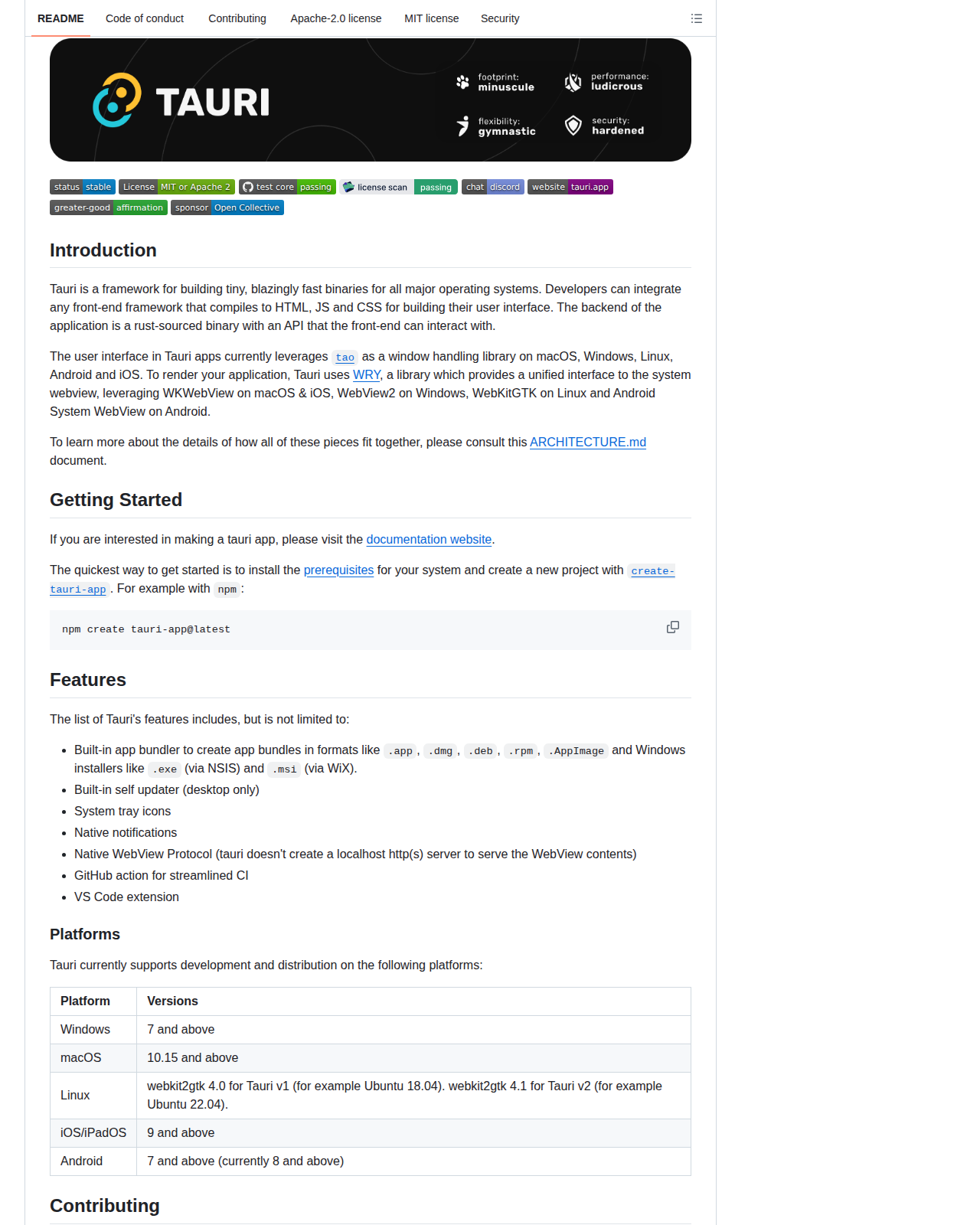 Tauri README 開頭（項目名稱、標語與 Introduction 簡介）