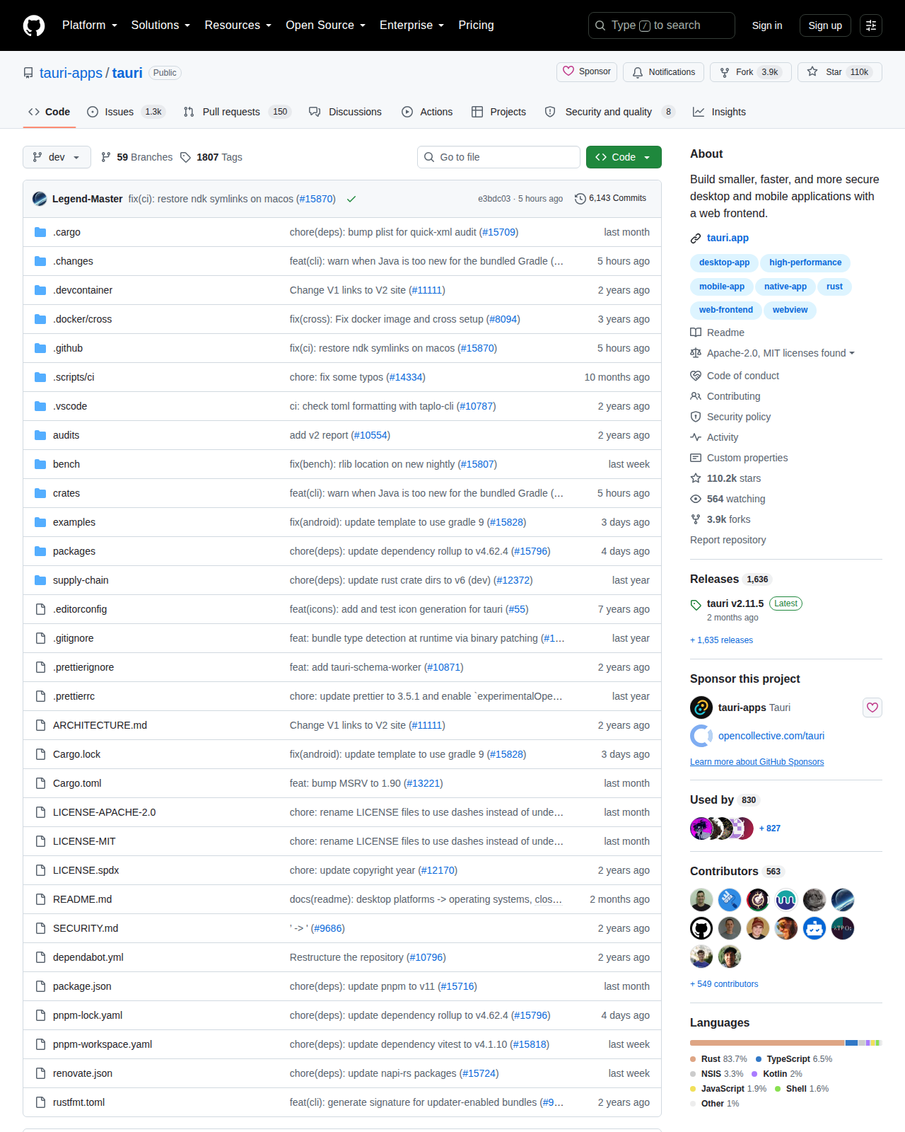 Tauri GitHub 首頁頂部（repo 名稱、Star 110k、Fork 3.9k 與項目描述）