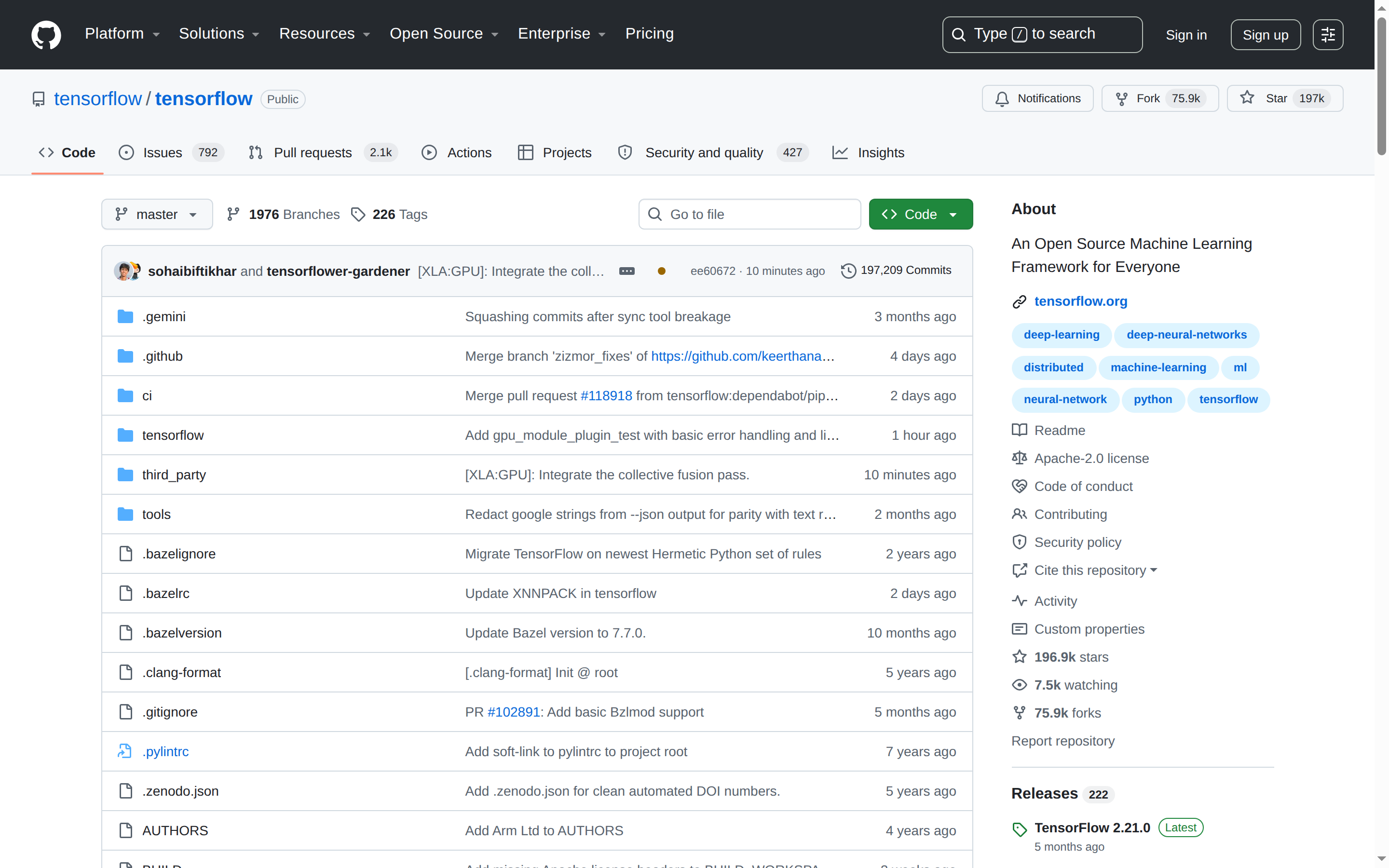 TensorFlow GitHub 主頁(repo 名 + 196.9k stars + 項目描述)