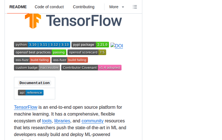 TensorFlow README 開頭（項目名稱與標語，展示 TensorFlow 官方 logo 與「An Open Source Machine Learning Framework for Everyone」定位）