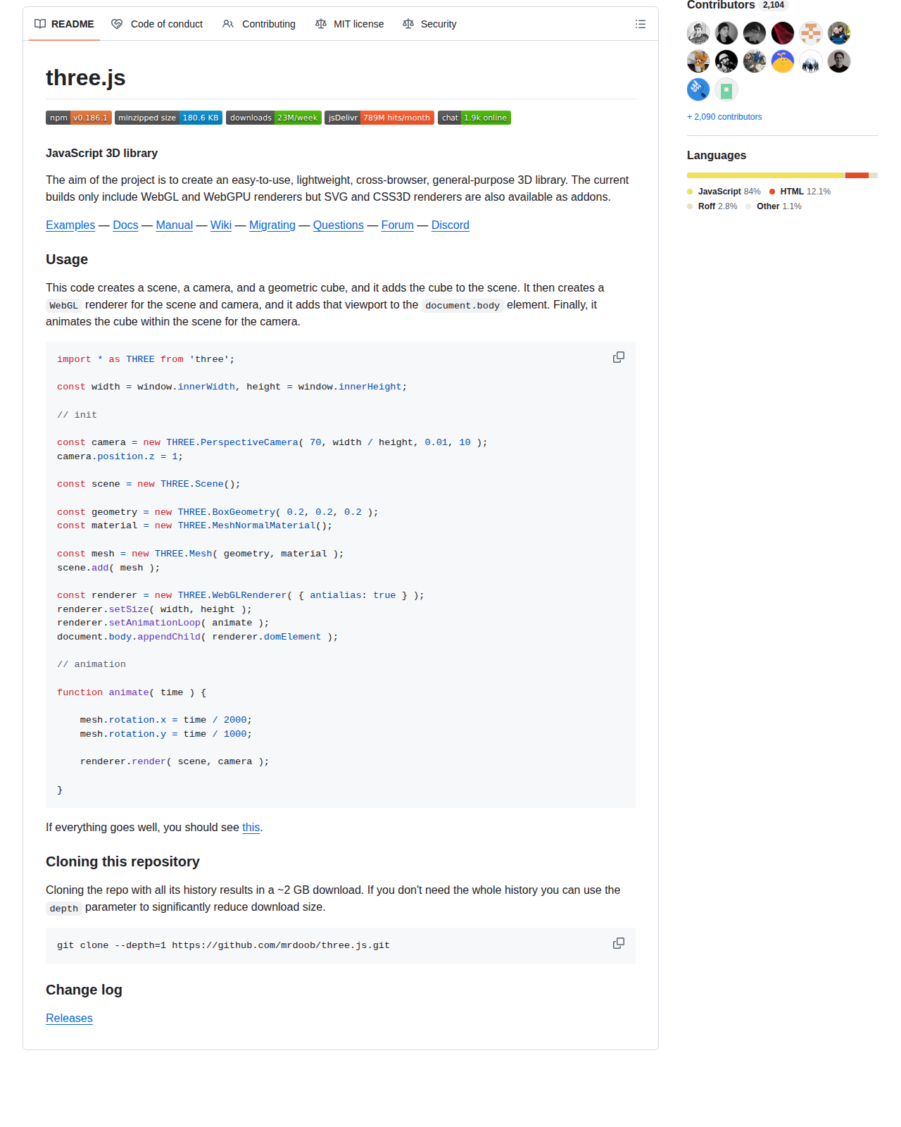 three.js 的 GitHub 儲存庫 README 開頭,顯示專案名稱 three.js、副標題 JavaScript 3D library,以及說明函式庫定位的簡介段落