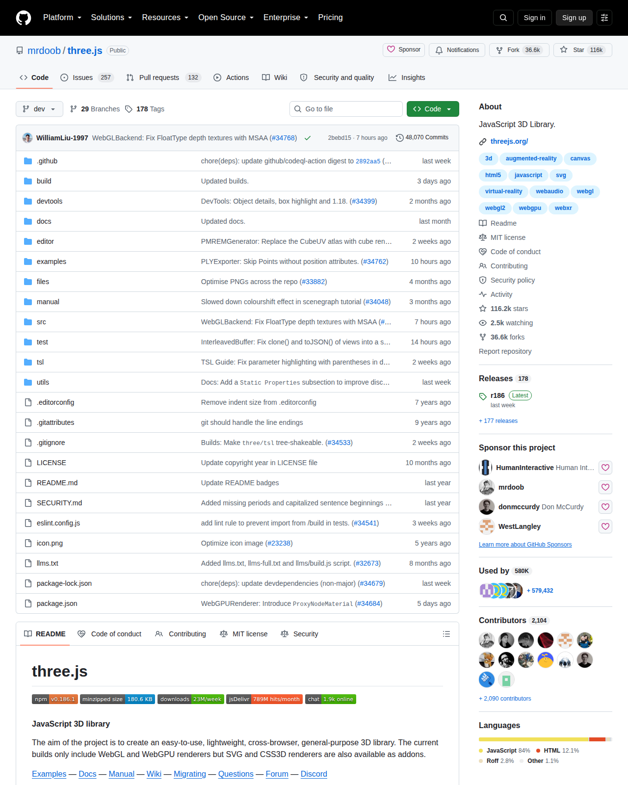 three.js 的 GitHub 儲存庫首頁頂部,顯示專案名稱 mrdoob/three.js、副標題 JavaScript 3D Library、主要語言 JavaScript、星標數與 MIT 授權標示
