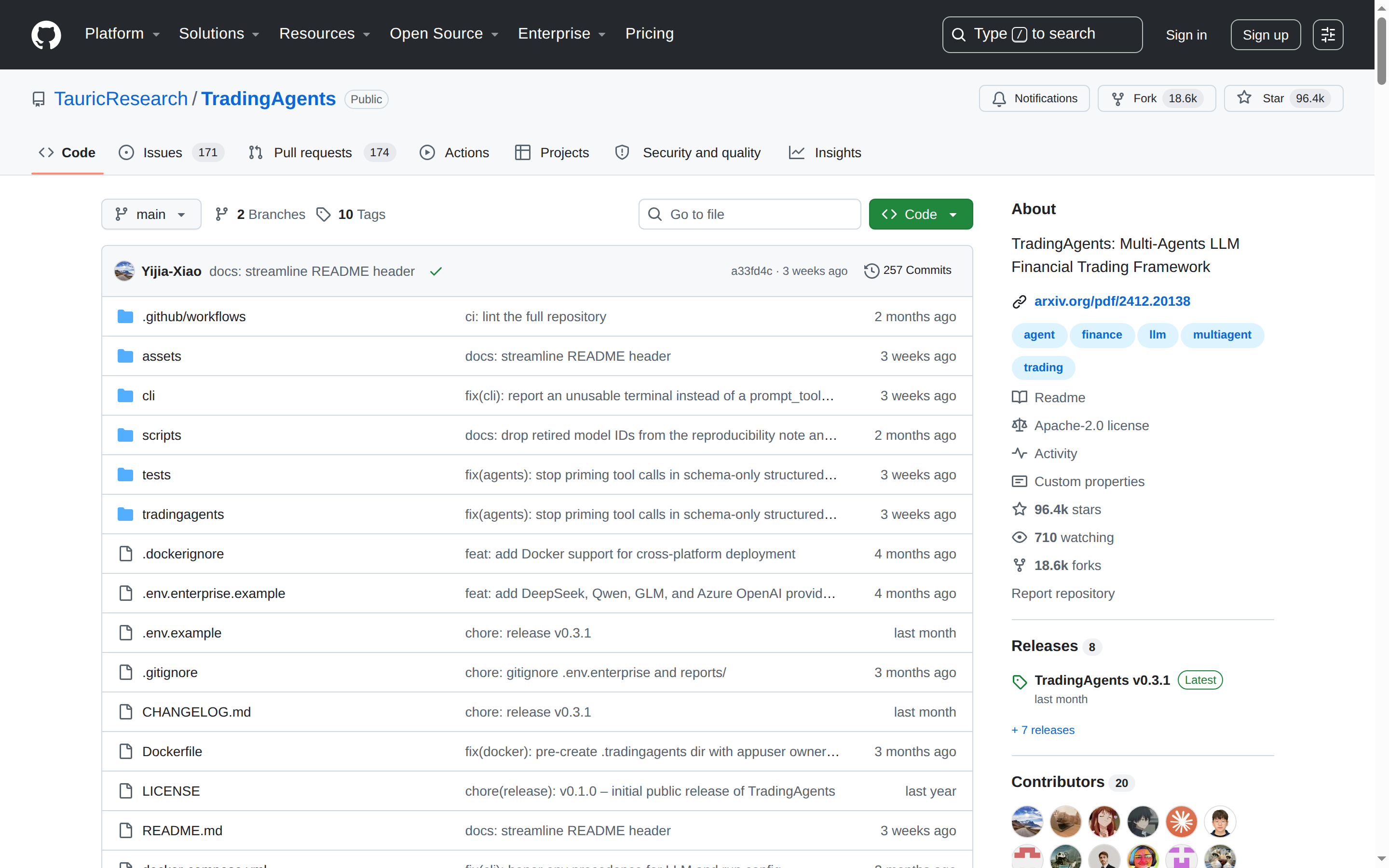 TradingAgents GitHub 主頁(repo 名 + 96k stars + 項目描述)