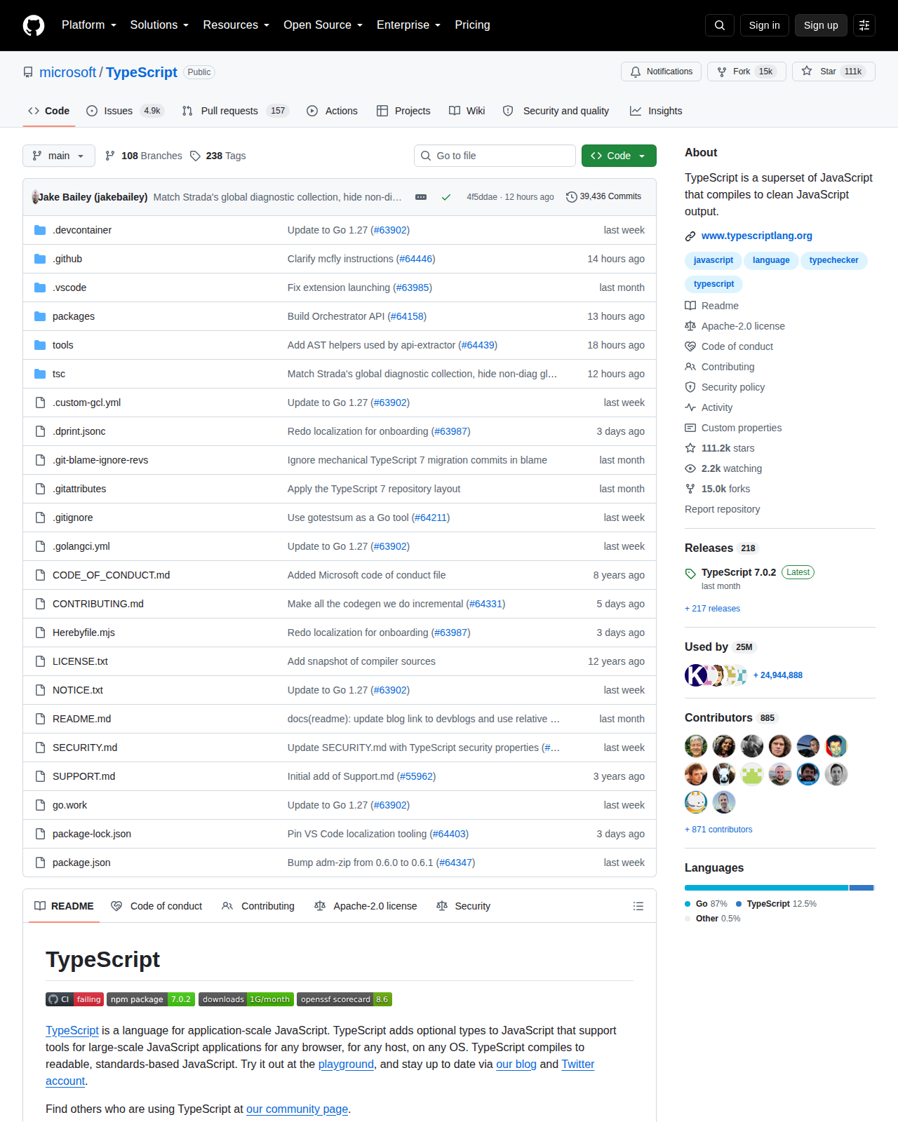 microsoft/TypeScript GitHub 儲存庫頁面頂部（儲存庫名稱 microsoft/TypeScript、111k 星標與專案描述）