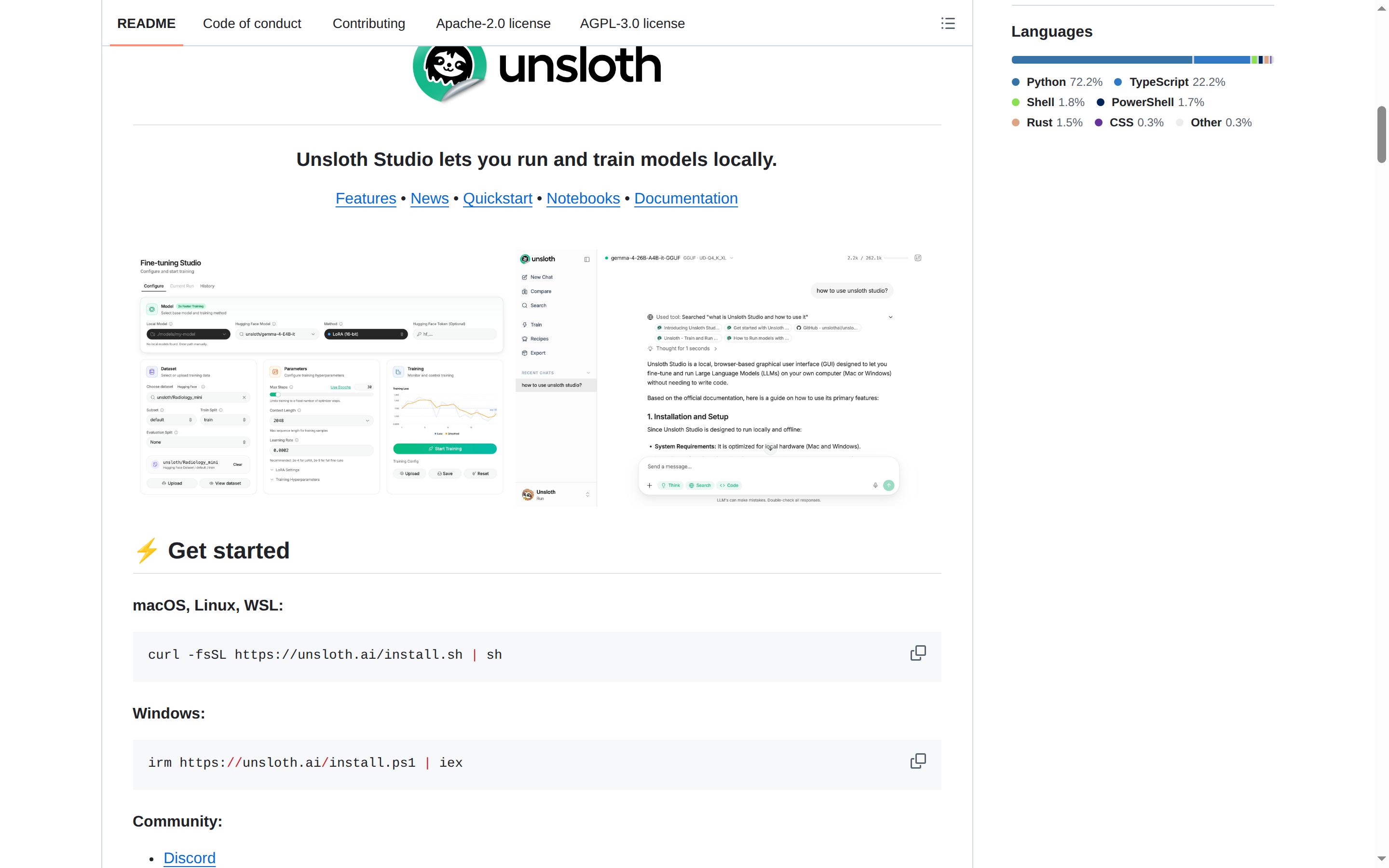 Unsloth README 開頭(Unsloth 品牌字樣 + 標語「Unsloth Studio lets you run and train models locally」)
