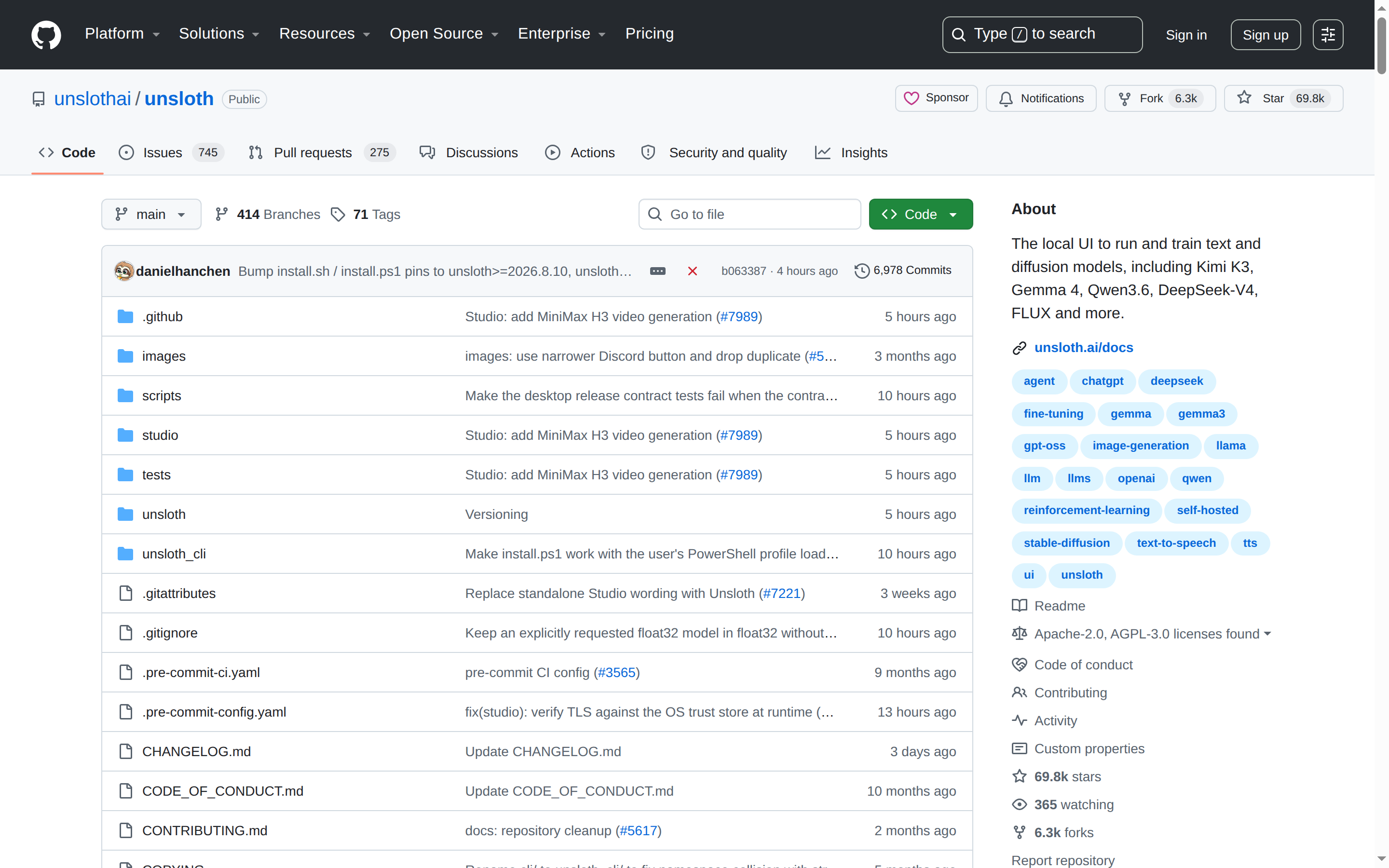 Unsloth GitHub 首頁頂部(repo 名 unsloth + 69.8k stars + 項目描述)
