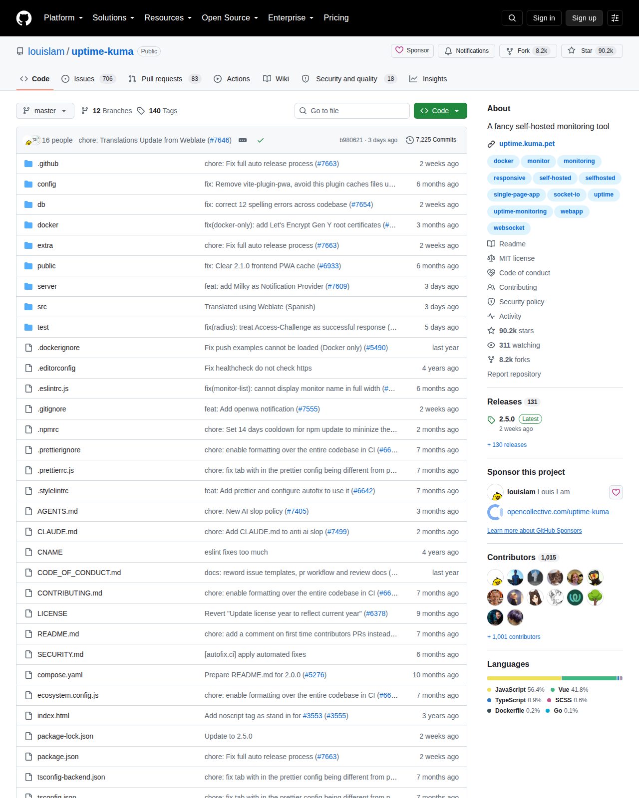 Uptime Kuma GitHub 首頁頂部(repo 名稱「louislam / uptime-kuma」+ 90.2k 星標 + 8.2k Forks + 描述「A fancy self-hosted monitoring tool」+ 主要語言 JavaScript + MIT 授權標籤)