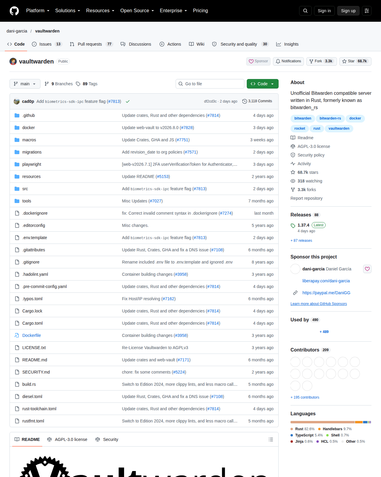 Vaultwarden GitHub 首頁頂部（儲存庫名稱 dani-garcia/vaultwarden、68.7K 星標、3.3K 複製與專案描述）