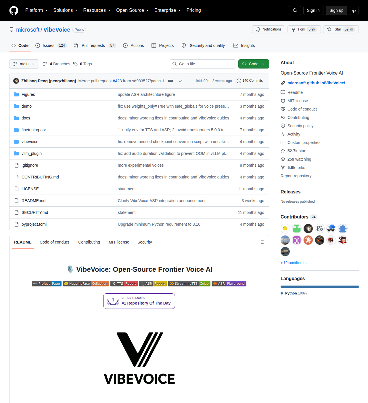 VibeVoice GitHub 首頁頂部（repo 名稱「microsoft / VibeVoice」+ Star 52.7k + Fork 5.9k + 描述「Open-Source Frontier Voice AI」+ 主要語言 Python + MIT 授權標籤）