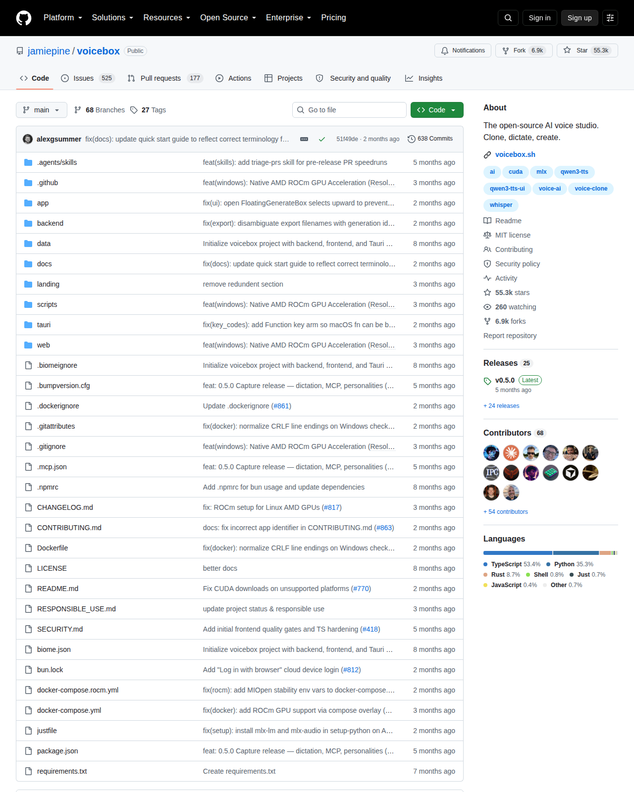 jamiepine/voicebox GitHub 首頁頂部（儲存庫名稱、Star 數 55.3k、Fork 數 6.9k 與「The open-source AI voice studio」描述）
