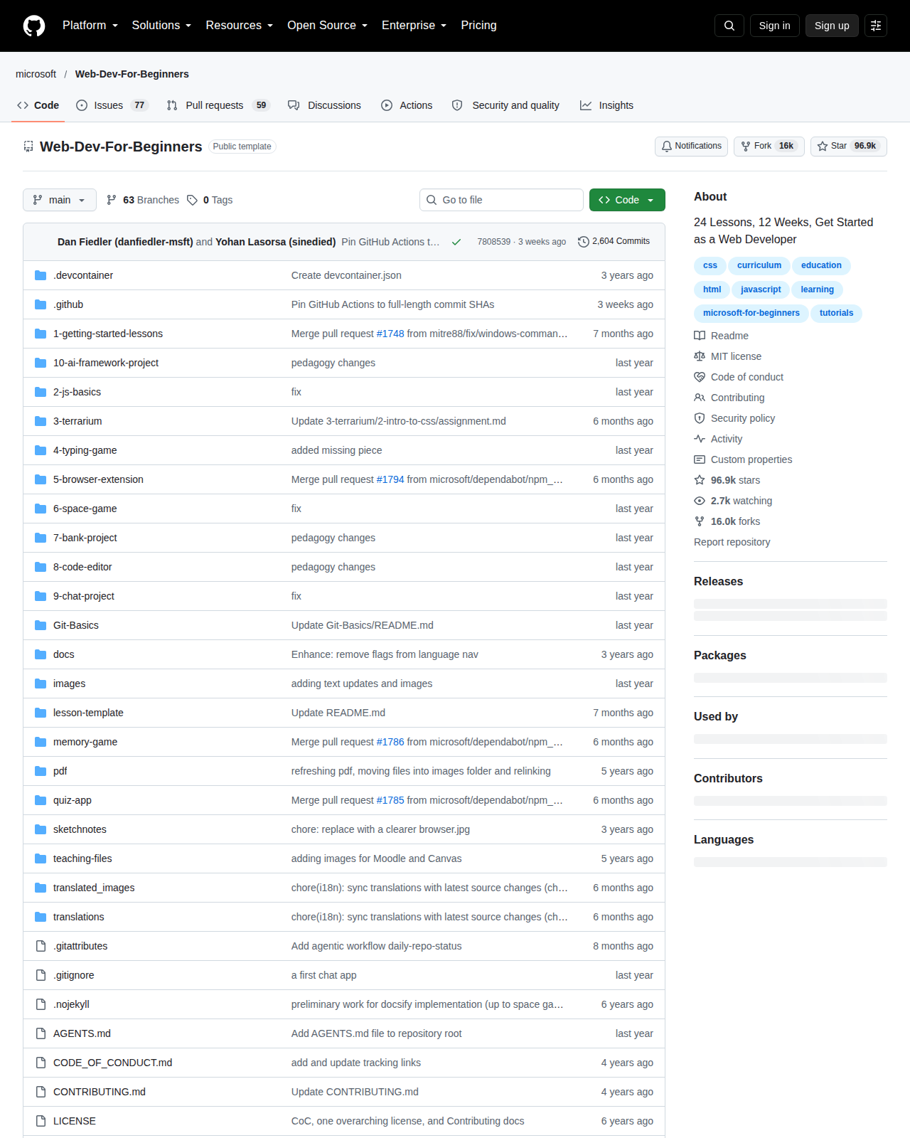 Web-Dev-For-Beginners 的 GitHub 首頁頂部，顯示儲存庫名稱 microsoft/Web-Dev-For-Beginners、專案描述，以及右上角 96.9k 星標與 16.0k 複製次數