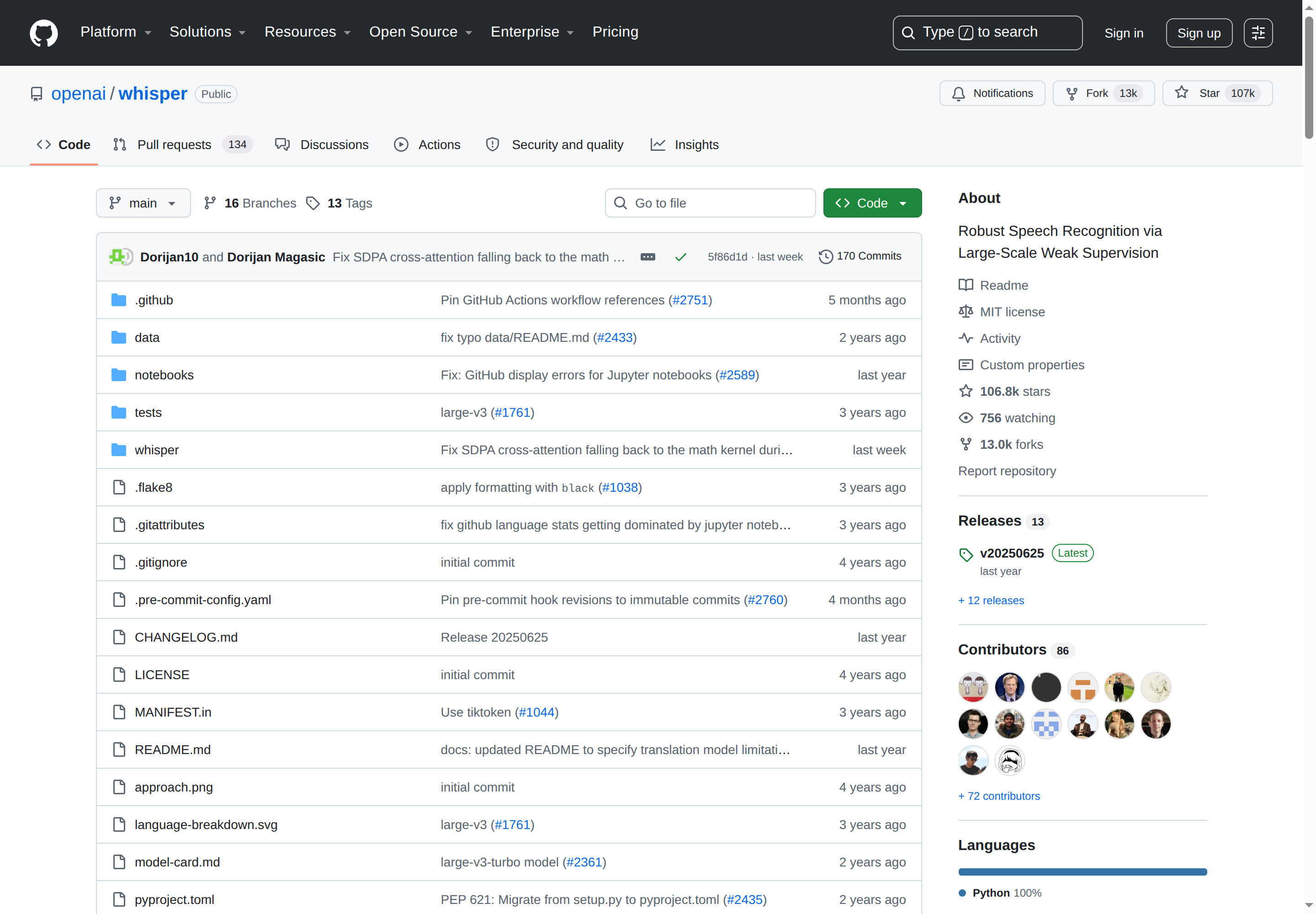 Whisper GitHub 主頁（repo 名 + 107k stars + 項目描述）