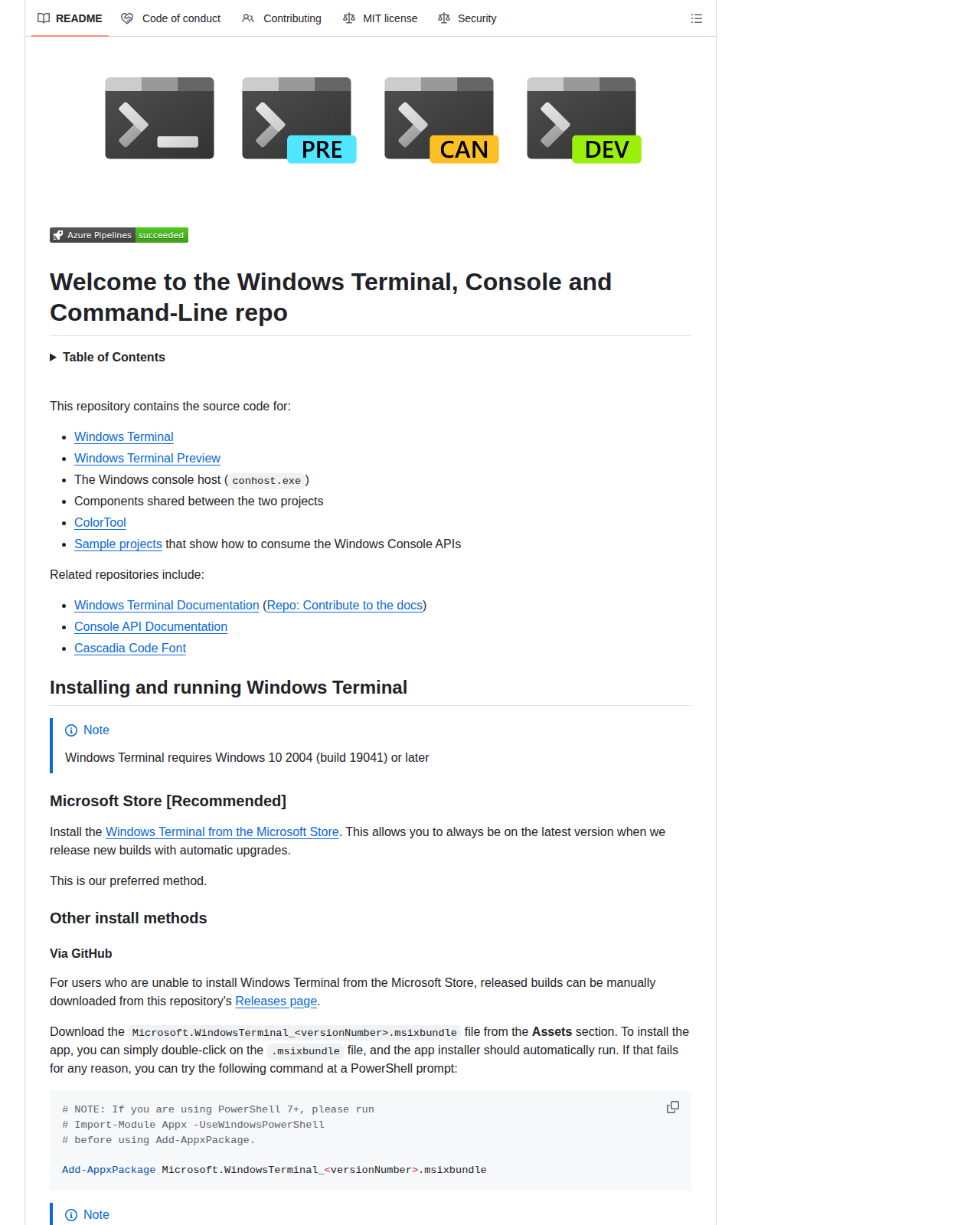 Windows Terminal README 開頭（專案名稱與標題「Welcome to the Windows Terminal, Console and Command-Line repo」，以及安裝說明段落）