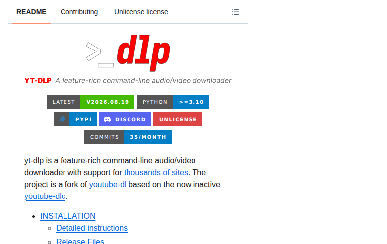 yt-dlp README 開頭（項目名稱 YT-DLP 標誌 + 標語 A feature-rich command-line audio/video downloader）