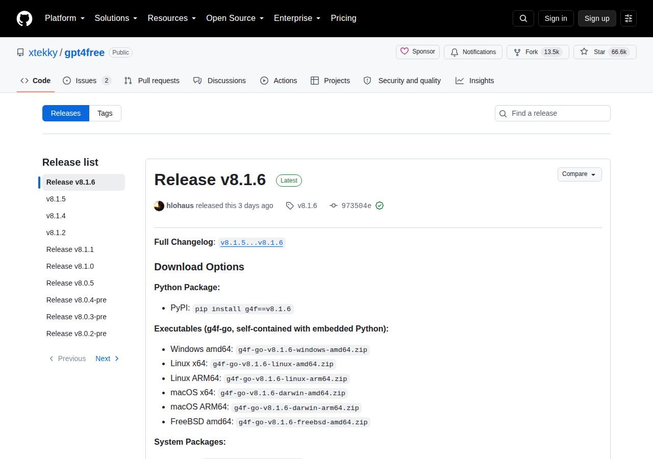 GPT4Free Releases 頁(最新版本 v8.1.6 標示 Latest,2026 年 8 月 13 日由 hlohaus 發佈,包含 Full Changelog、pip 安裝指令與多平台執行檔下載)