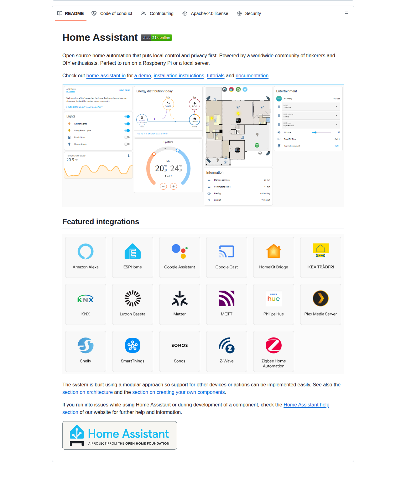 Home Assistant README 開頭(項目名稱 + 標語「Open source home automation that puts local control and privacy first」)