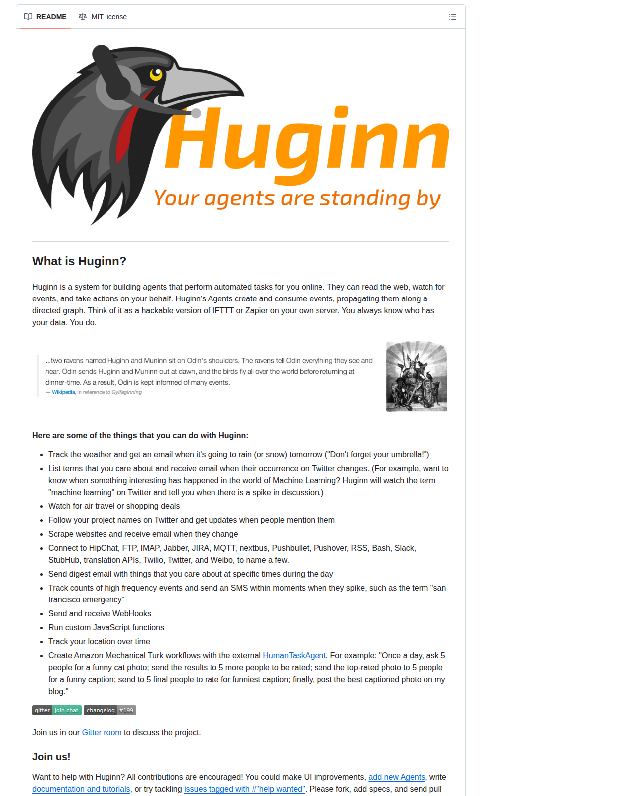 Huginn 的 GitHub 儲存庫 README 開頭，顯示 Huginn 專案標誌與「Your agents are standing by」標語，以及 What is Huginn 章節對自動化代理系統的定位說明