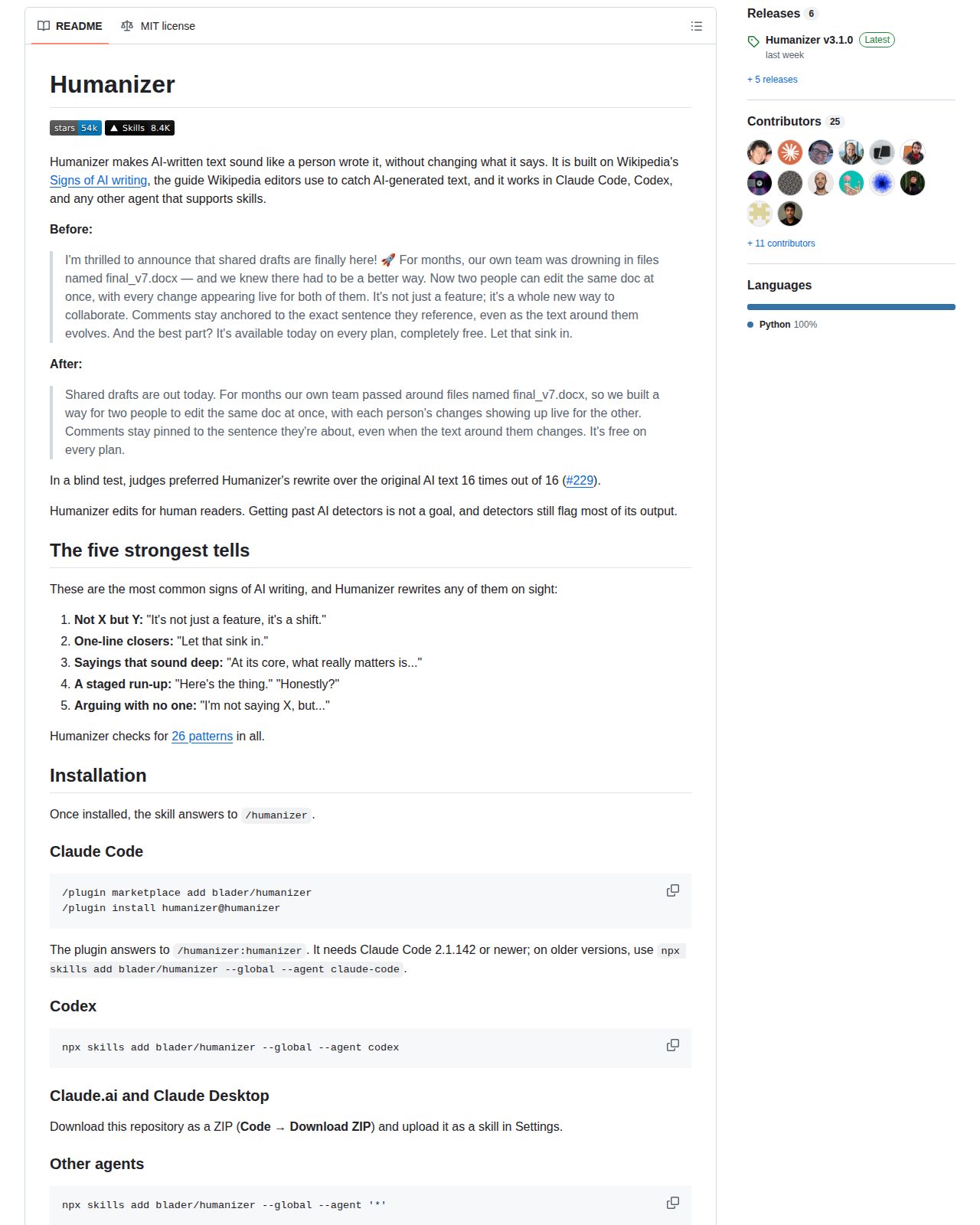 Humanizer 專案 README 開頭,顯示專案名稱與說明,並以 Before 與 After 對照展示同一段文字的改寫前後差異