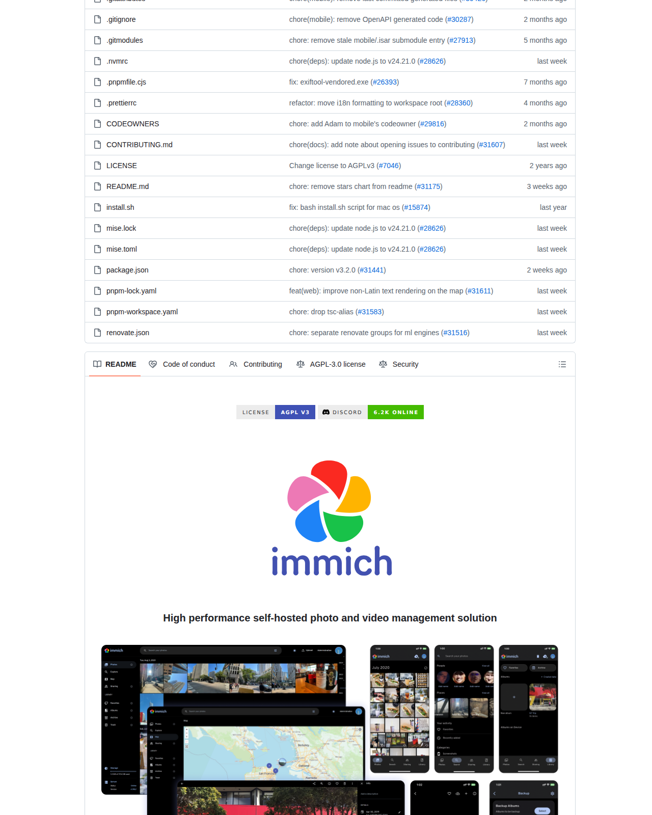 immich-app/immich 貢獻者與活動統計頁（每週提交折線圖與貢獻者列表）