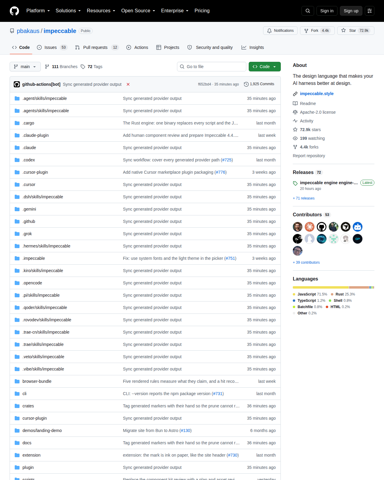 pbakaus/impeccable 的 GitHub 首頁頂部,顯示 repo 名稱 pbakaus/impeccable、Star 數 72.9k、Fork 4.4k、描述「The design language that makes your AI harness better at design」、Apache-2.0 授權與 topics 標籤