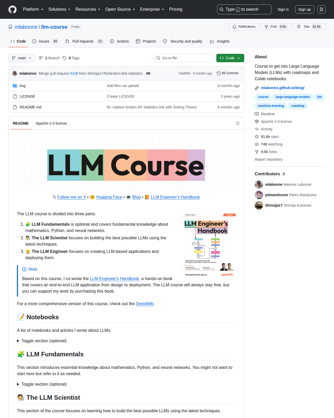llm-course GitHub 首頁頂部(repo 名稱「mlabonne/llm-course」+ 81.6k 星標 + 描述「Course to get into Large Language Models (LLMs) with roadmaps and Colab notebooks」+ 9.5k Forks + Apache-2.0 授權標示)