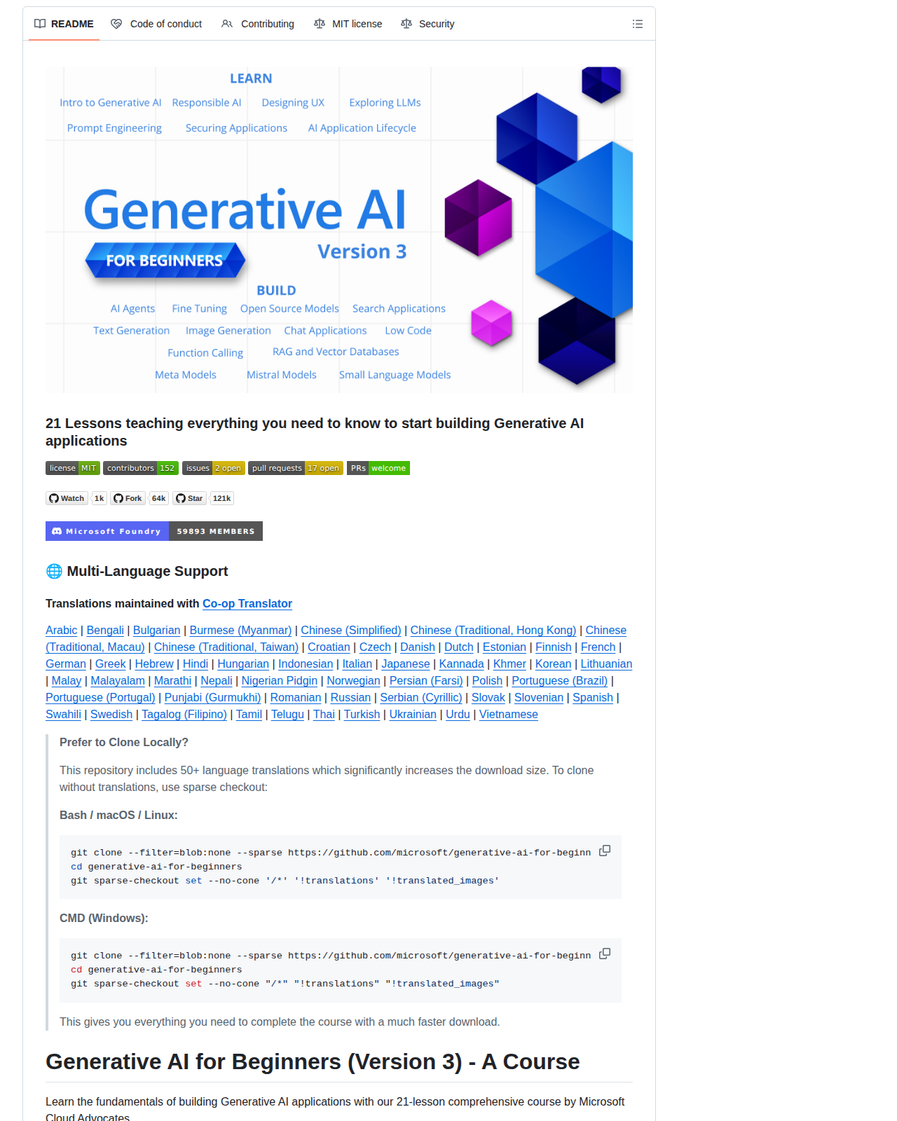 微軟 Generative AI for Beginners README 開頭（專案縮圖、21 課說明與課程定位）