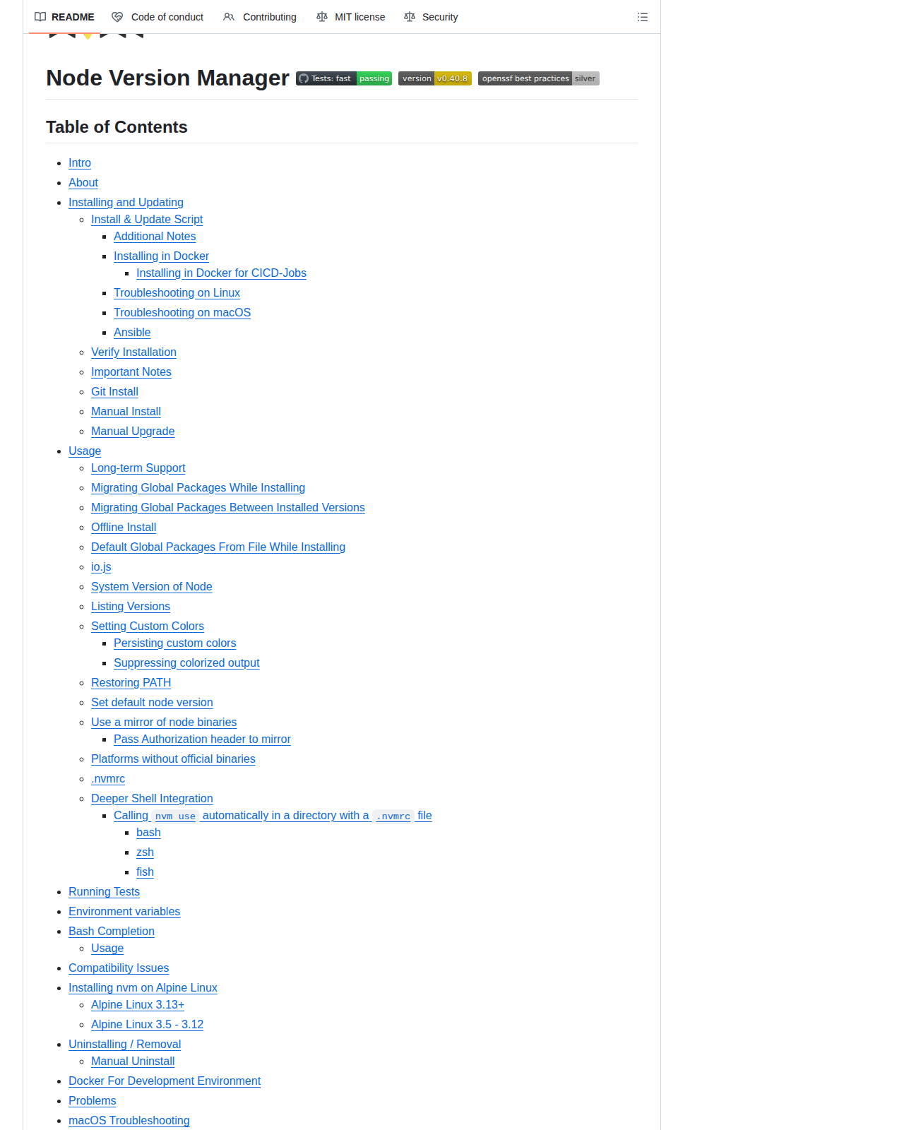 nvm README 開頭（Node Version Manager 標題、專案標誌與章節目錄）