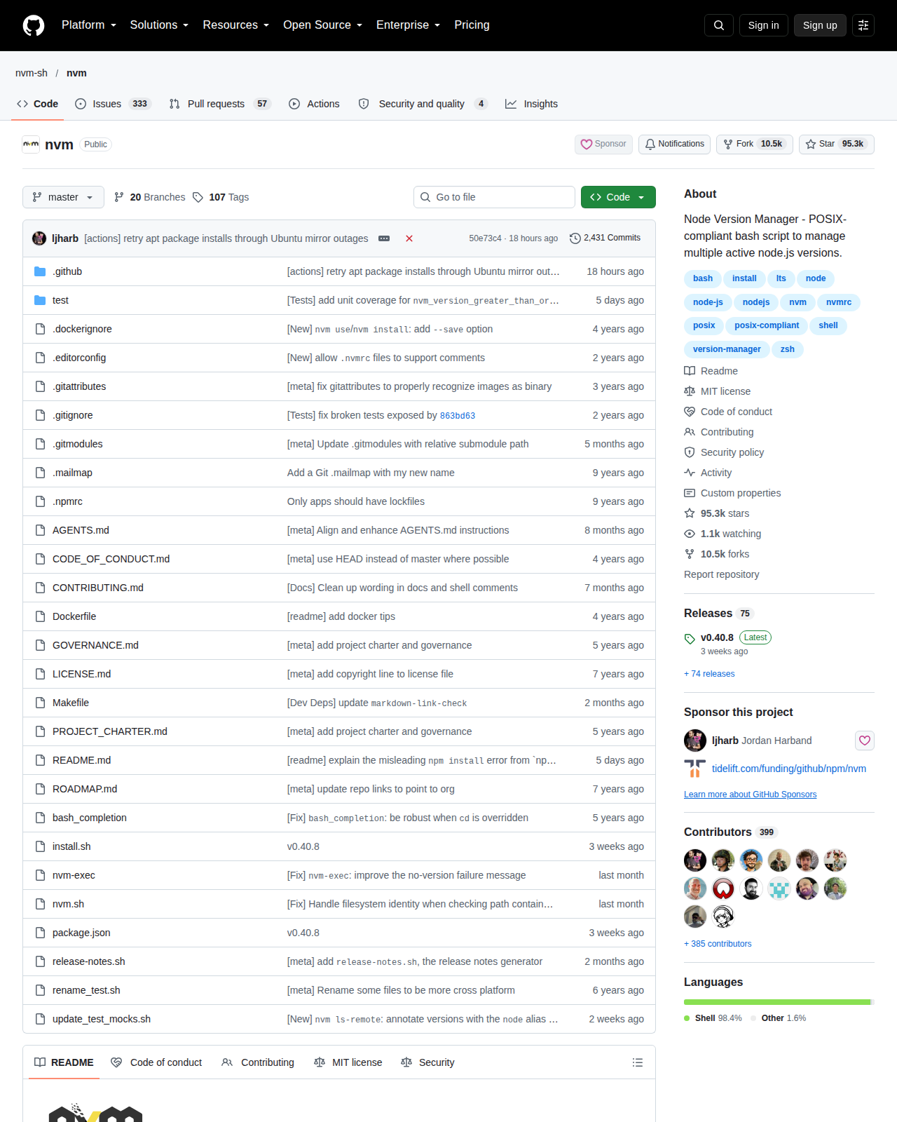 nvm GitHub 首頁頂部（儲存庫名稱 nvm-sh/nvm、95.3k 星標數字與專案描述）