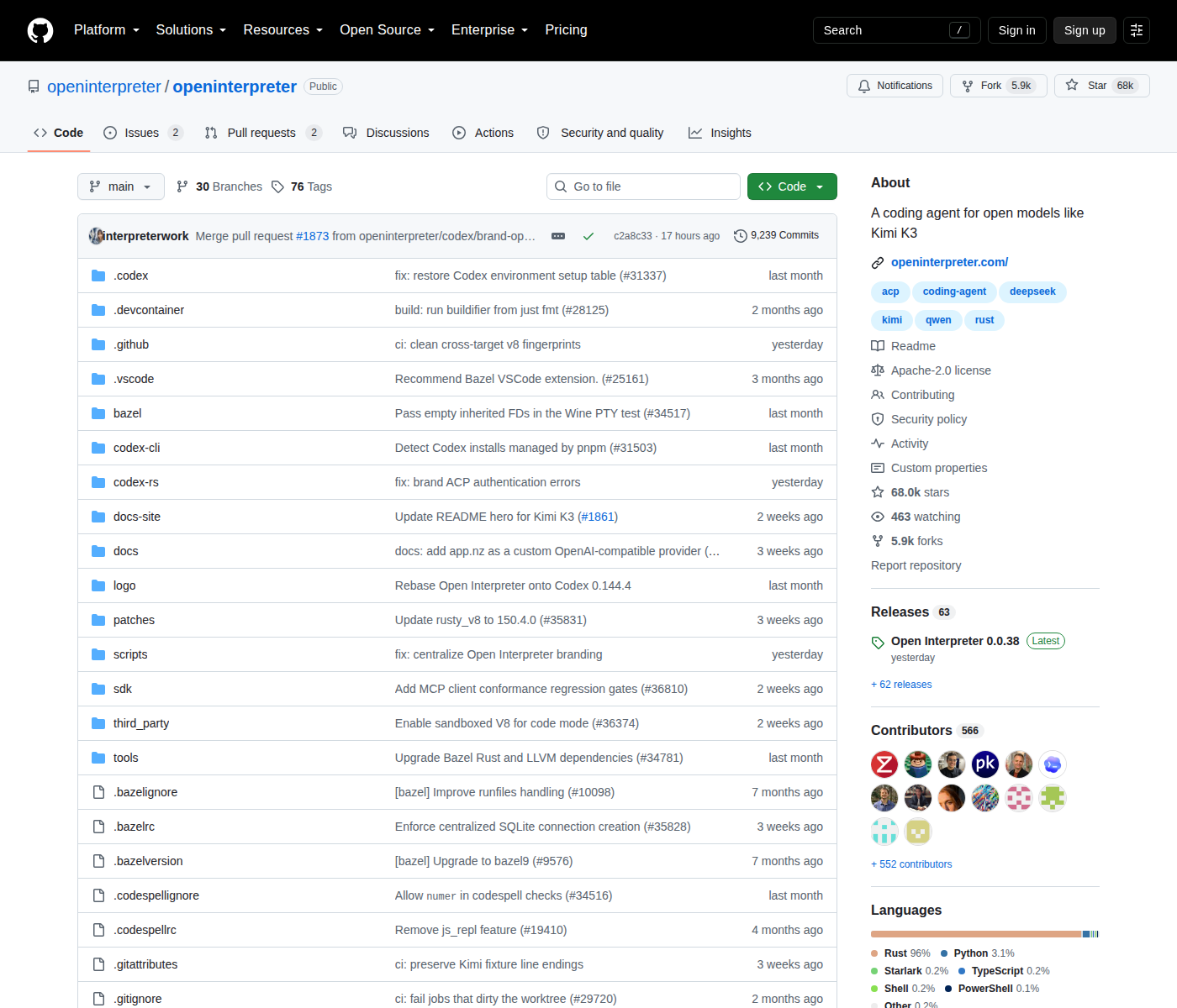 Open Interpreter GitHub 首頁頂部（repo 名稱「openinterpreter / openinterpreter」+ 68k 星標 + 5.9k Forks + 描述「A coding agent for open models like Kimi K3」+ 主要語言 Rust + Apache-2.0 授權 + 566 位貢獻者）
