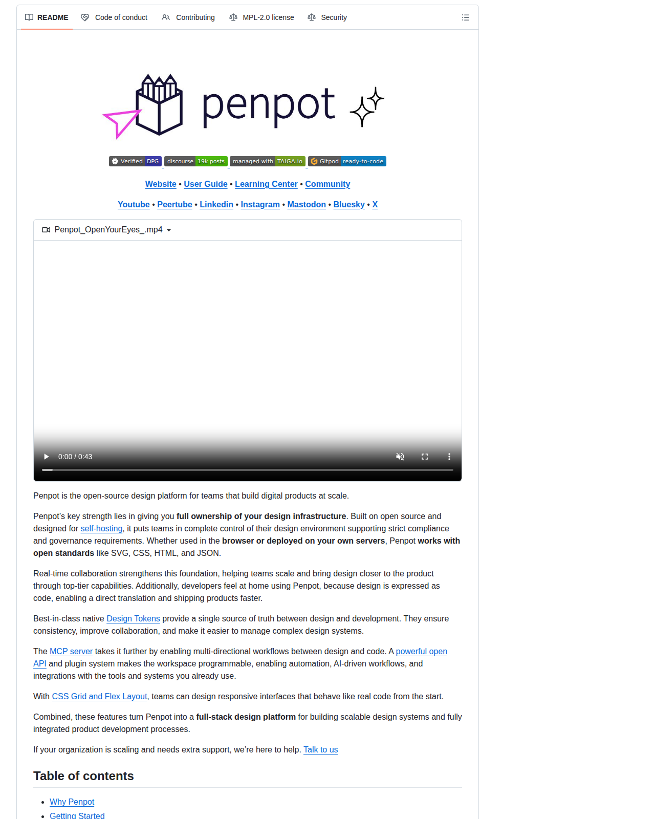 Penpot 的 GitHub 儲存庫 README 開頭，顯示專案標誌、官方網站與社群連結，以及「Penpot is the open-source design platform for teams that build digital products at scale」的定位說明