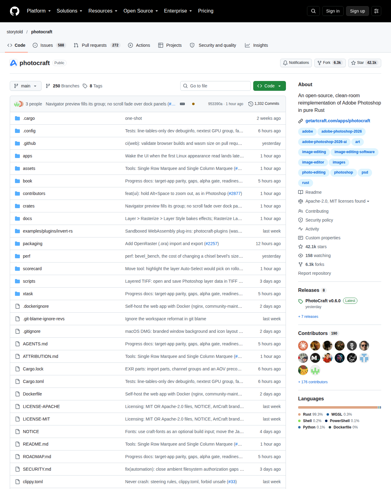 PhotoCraft 的 GitHub 儲存庫首頁頂部，顯示儲存庫名稱 storytold/photocraft、專案描述「An open-source, clean-room reimplementation of Adobe Photoshop in pure Rust」與累積星標數字