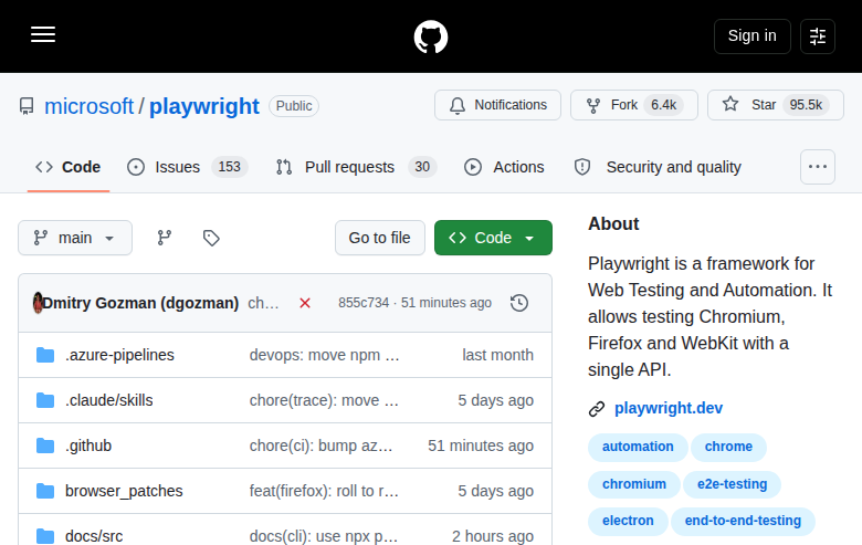 Playwright GitHub 首頁頂部(repo 名 + Star 數 + 描述)