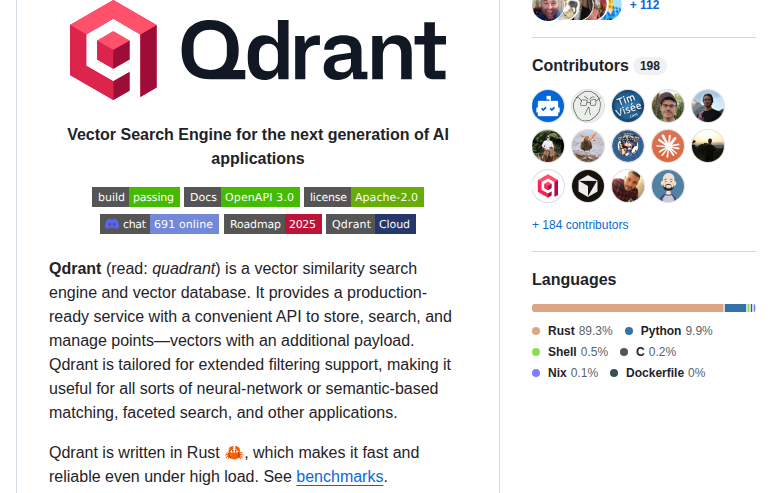 Qdrant README 開頭(項目名稱 + 標語「Vector Search Engine for the next generation of AI applications」)