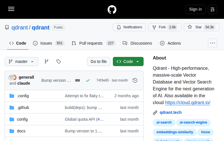 Qdrant GitHub 首頁頂部(repo 名 + Star 數 34.3k + 描述)