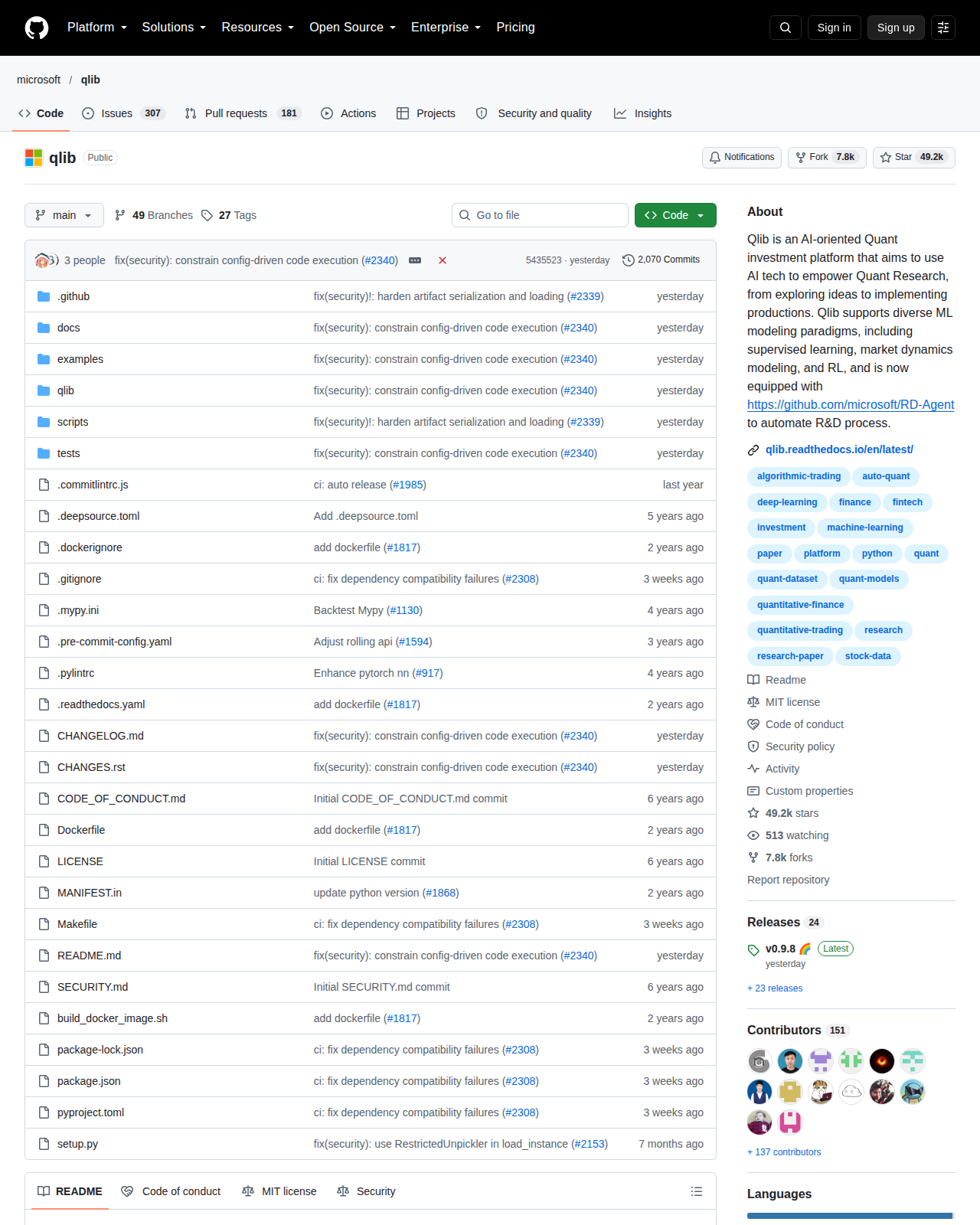 微軟 Qlib 的 GitHub 儲存庫首頁頂部，顯示儲存庫名稱 microsoft/qlib、專案描述為 AI 導向的量化投資平台，以及右上角 49.2k 星標與 7.8k 複製次數
