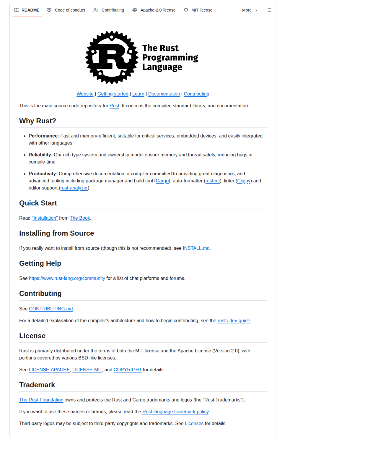Rust 程式語言官方儲存庫 README 開頭，顯示專案名稱「The Rust Programming Language」與官方標誌，下方列出網站連結、快速入門指令，以及「A language empowering everyone to build reliable and efficient software」標語