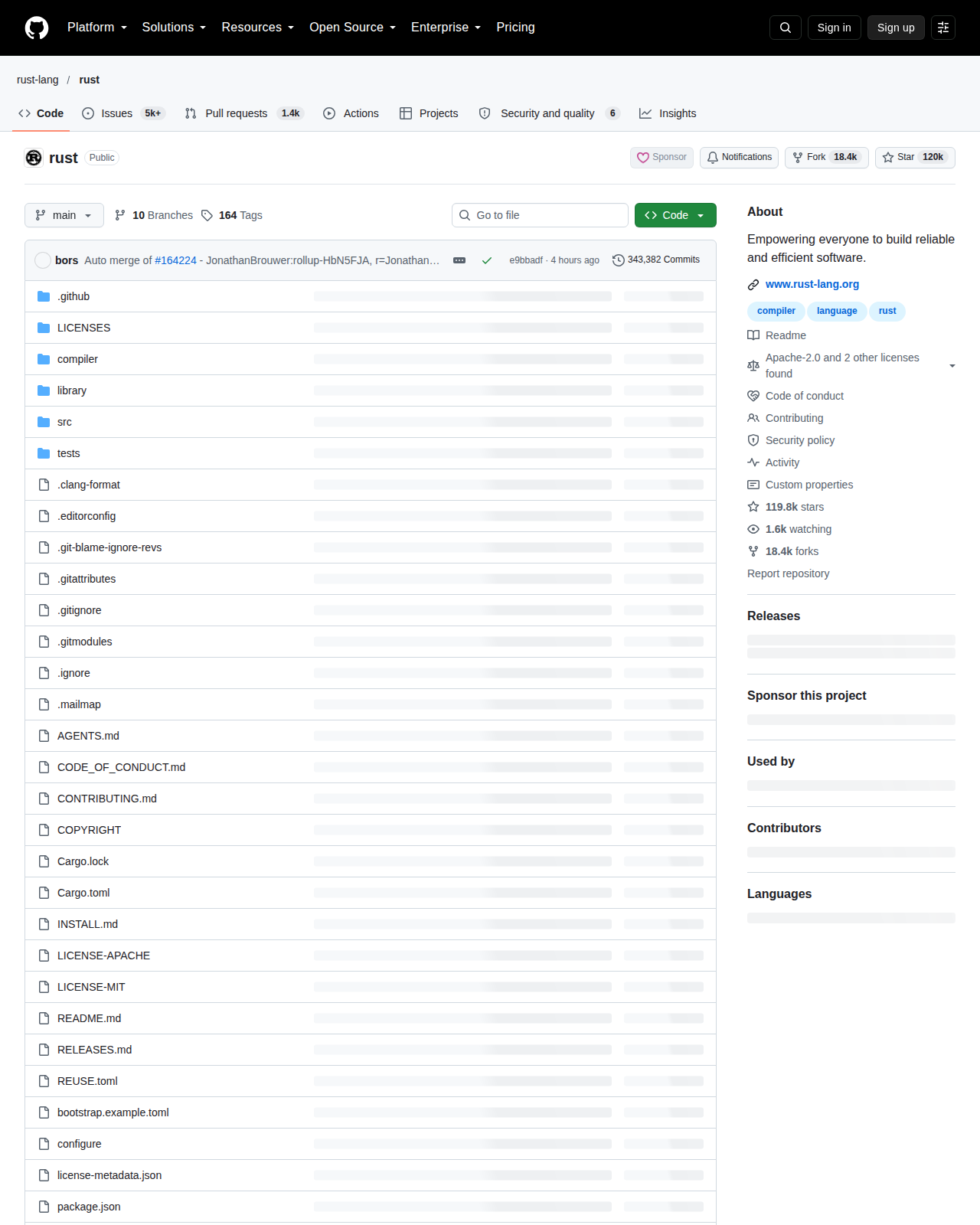 Rust 程式語言官方儲存庫首頁頂部，顯示儲存庫路徑 rust-lang/rust、星標數約 120k、複製數約 18k、分支與標籤數量，以及檔案清單與主要語言標示 Rust