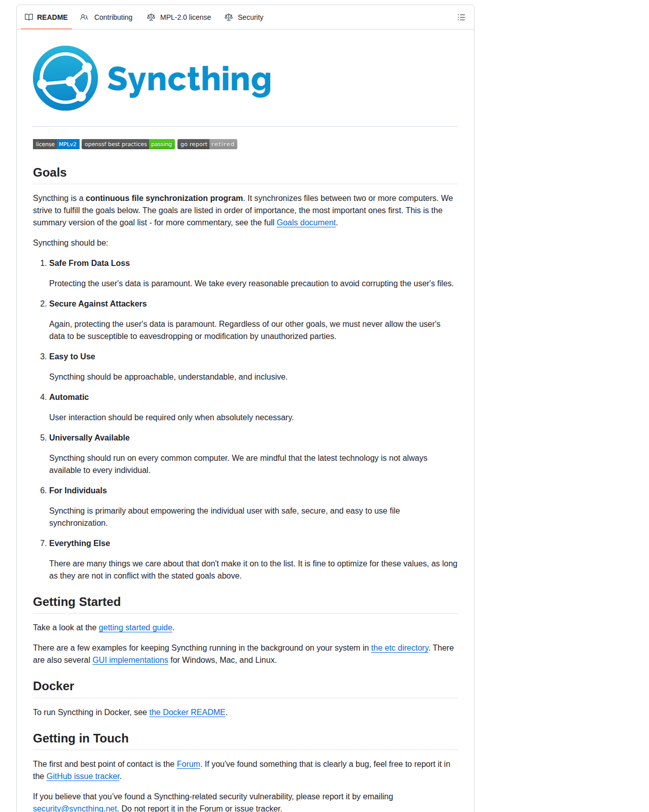 Syncthing README 開頭（項目名稱、開源檔案同步定位說明與 MPLv2 授權徽章）