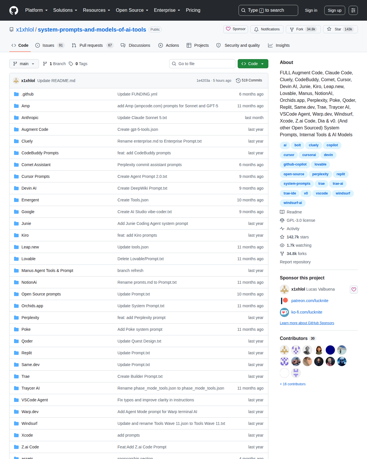 system-prompts-and-models-of-ai-tools GitHub 首頁頂部(repo 名 + Star 143k 按鈕 + 描述列出超過 25 個 AI 工具名稱 + 34.8k 復刻數)