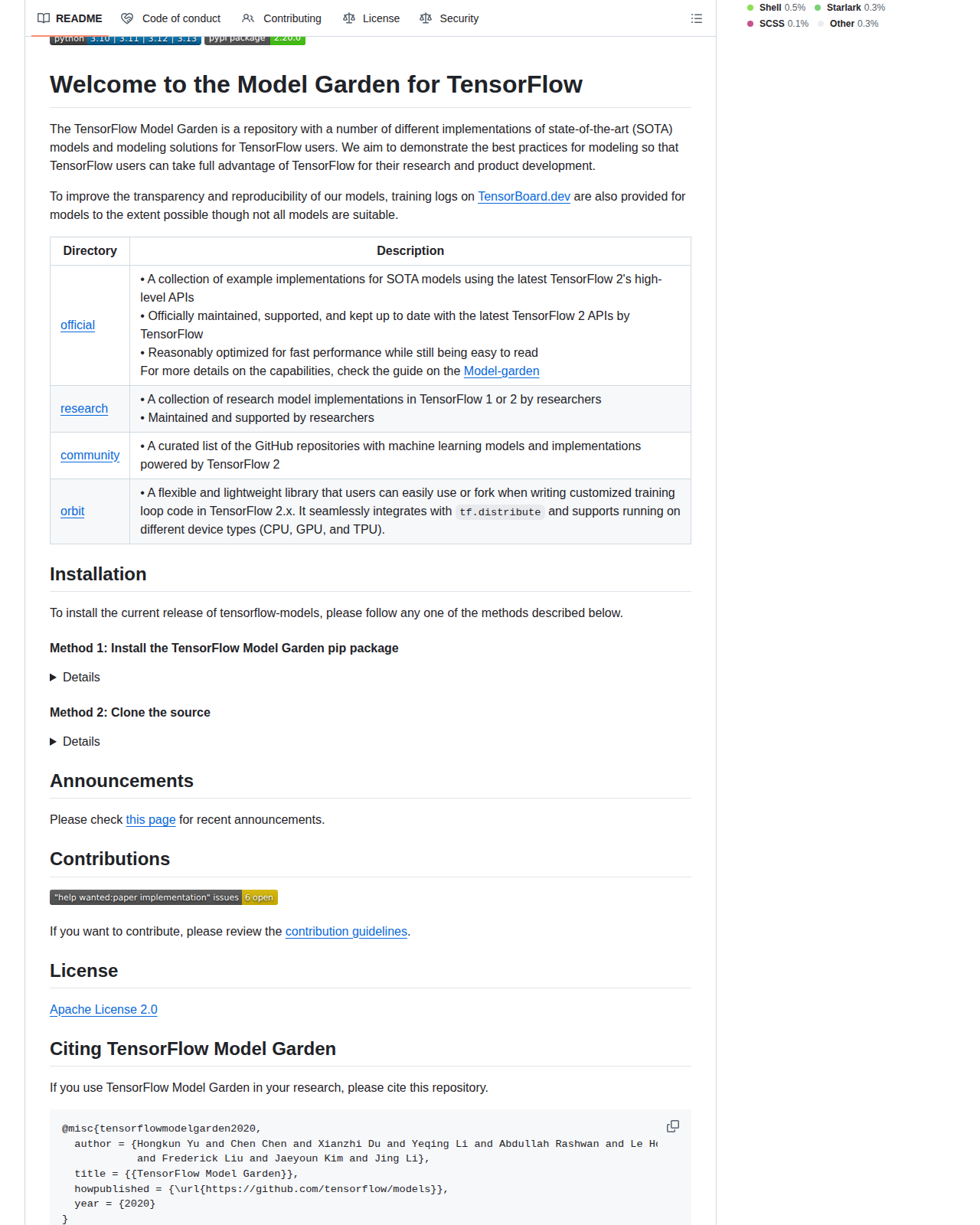 TensorFlow Model Garden README 開頭（專案標誌、定位說明與目錄分工表格）