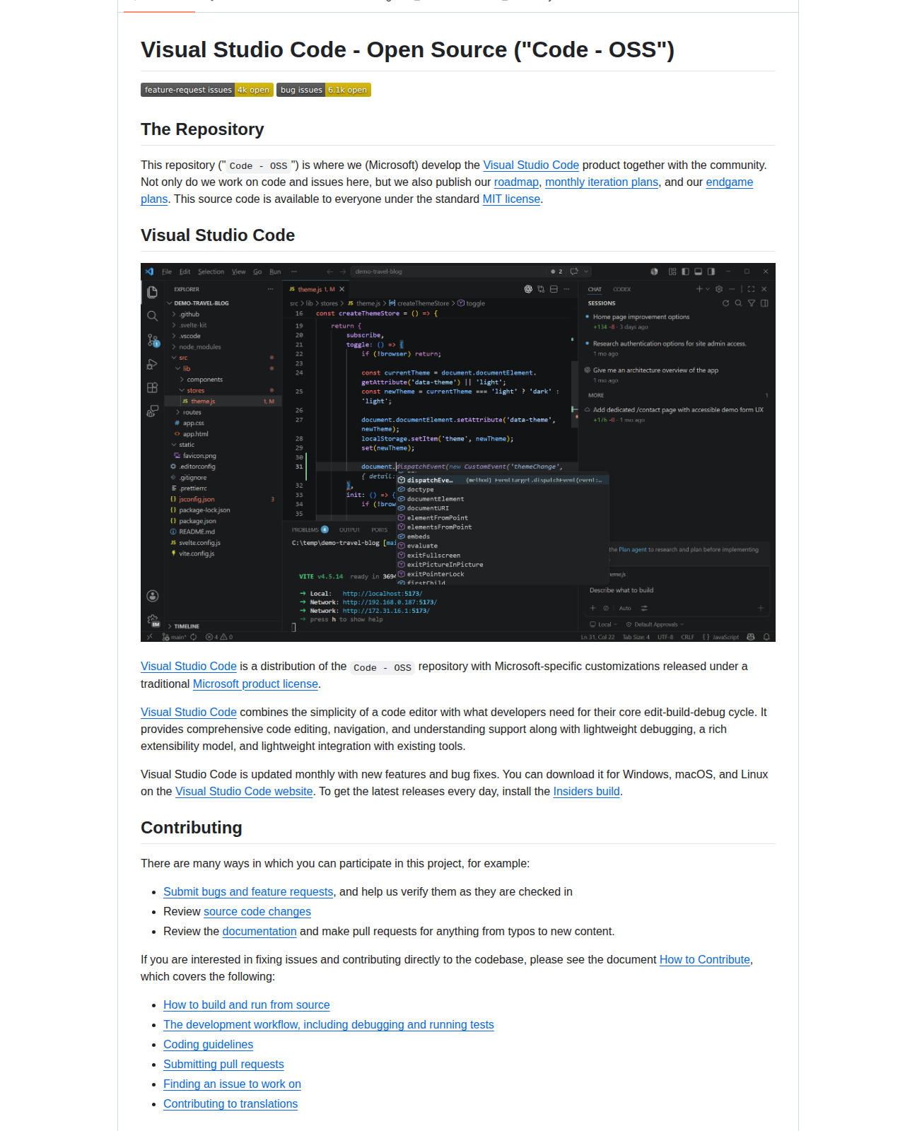 microsoft/vscode README 開頭（專案名稱 Visual Studio Code - Open Source 與 MIT 授權說明）