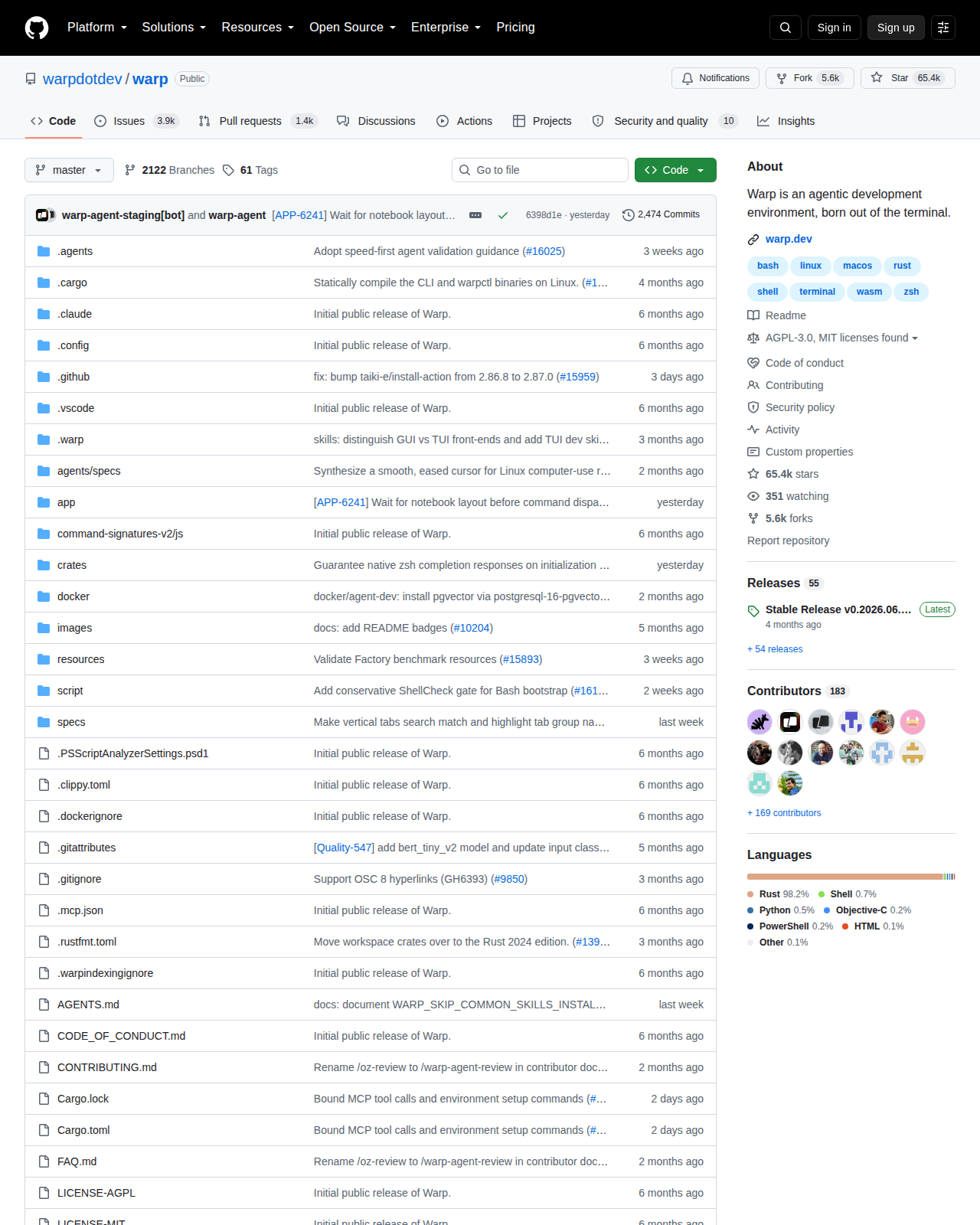 Warp 的 GitHub 儲存庫首頁頂部，顯示專案名稱 warpdotdev/warp、主要語言 Rust、星標數與近期提交歷史